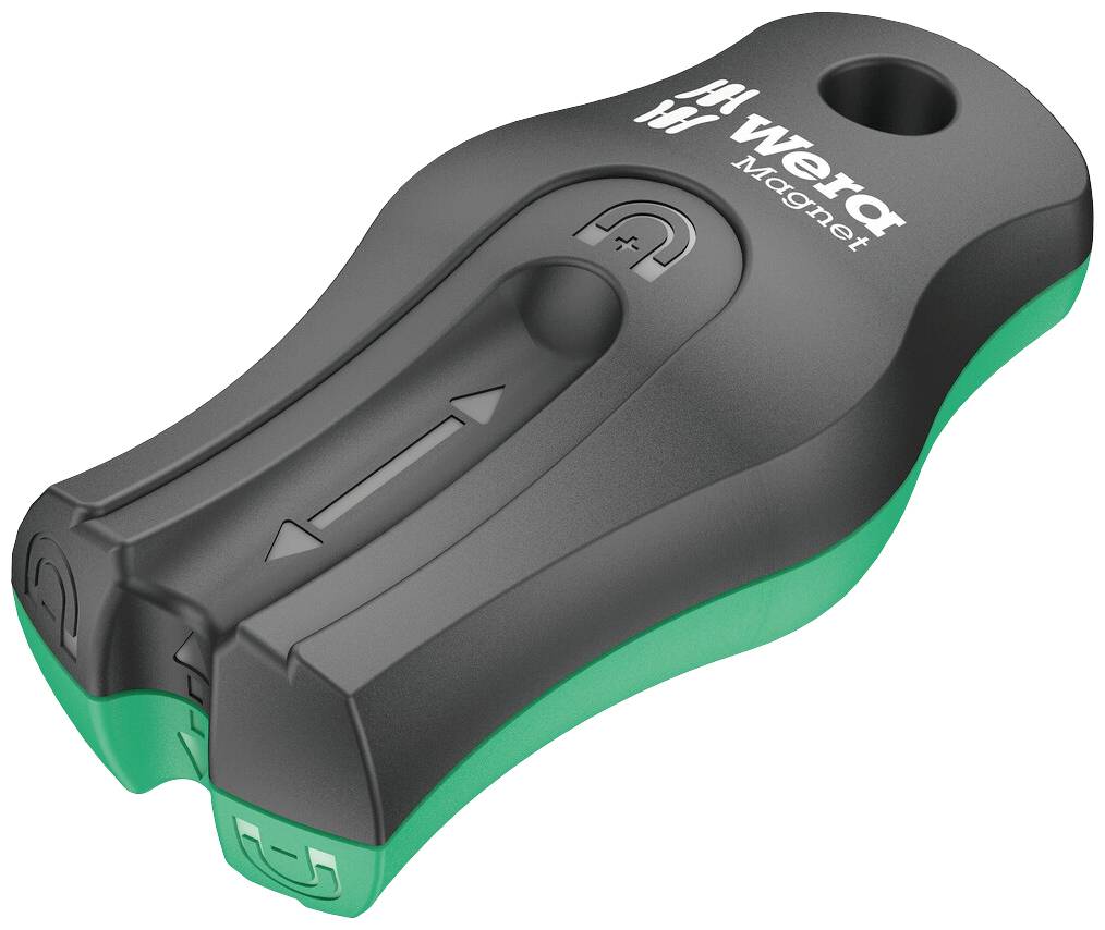 Black and green Wera magnetic holder with ergonomic design, used for storing and securing screws.