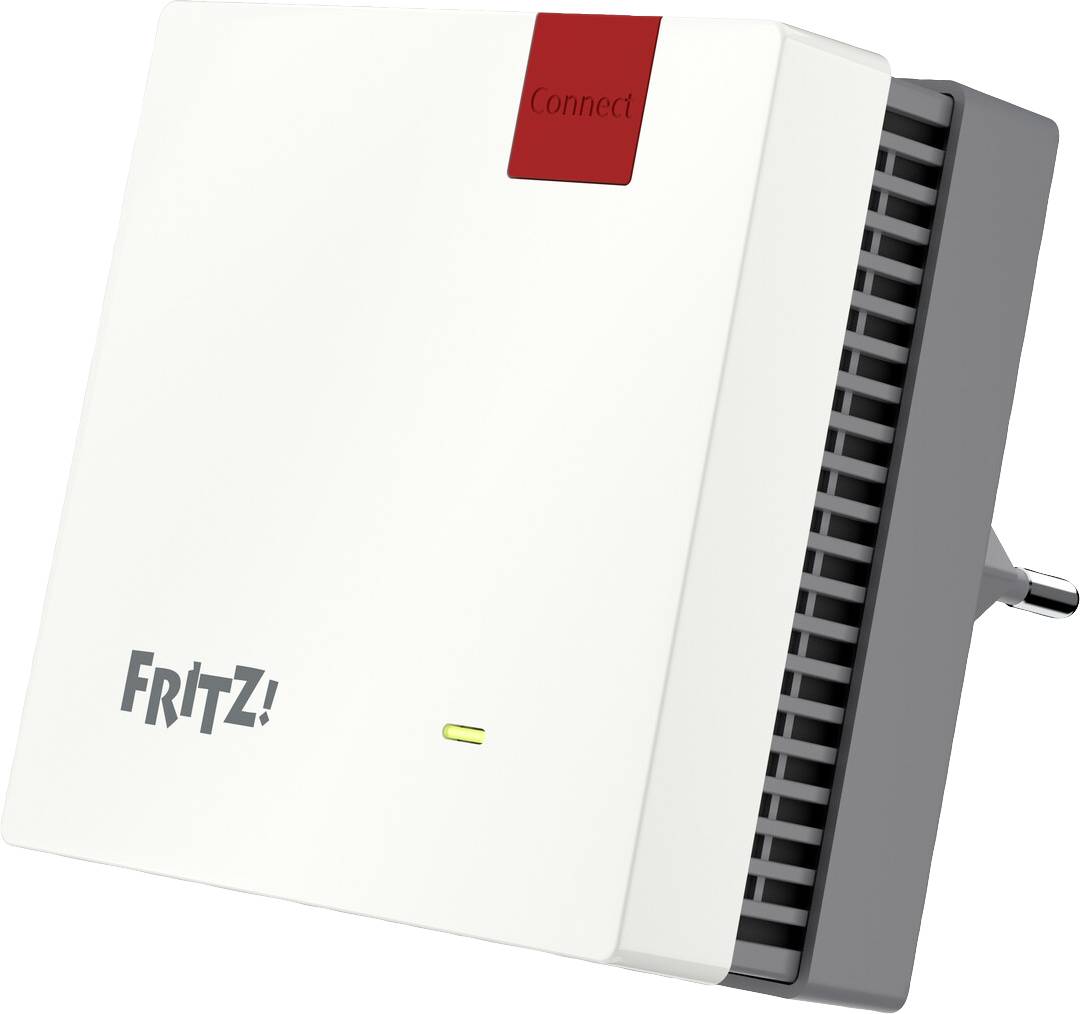 A FRITZ! Wi-Fi repeater in a plug socket format with a red 'Connect' button to simplify connection, and ventilation slots.