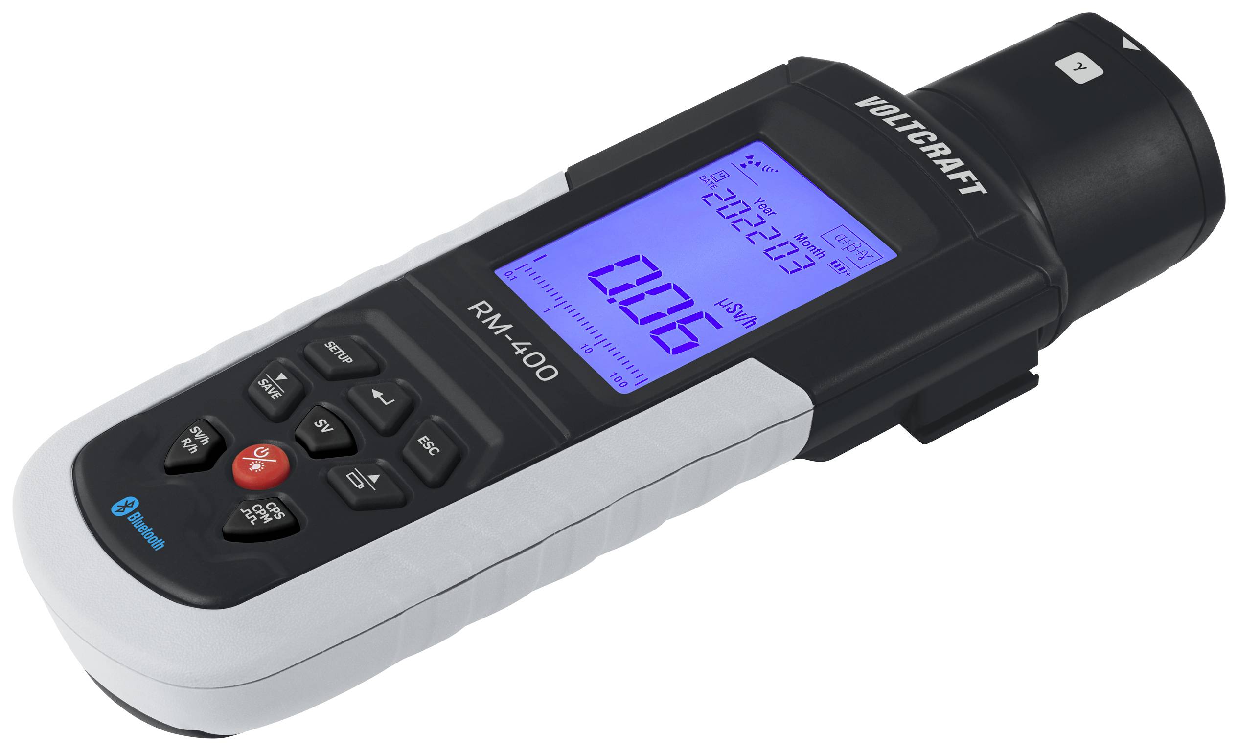Hand-held measuring device with digital display showing reading '0.06' and date '20.02.2023'. Input buttons underneath. Model 'VOLTCRAFT RM-400'.