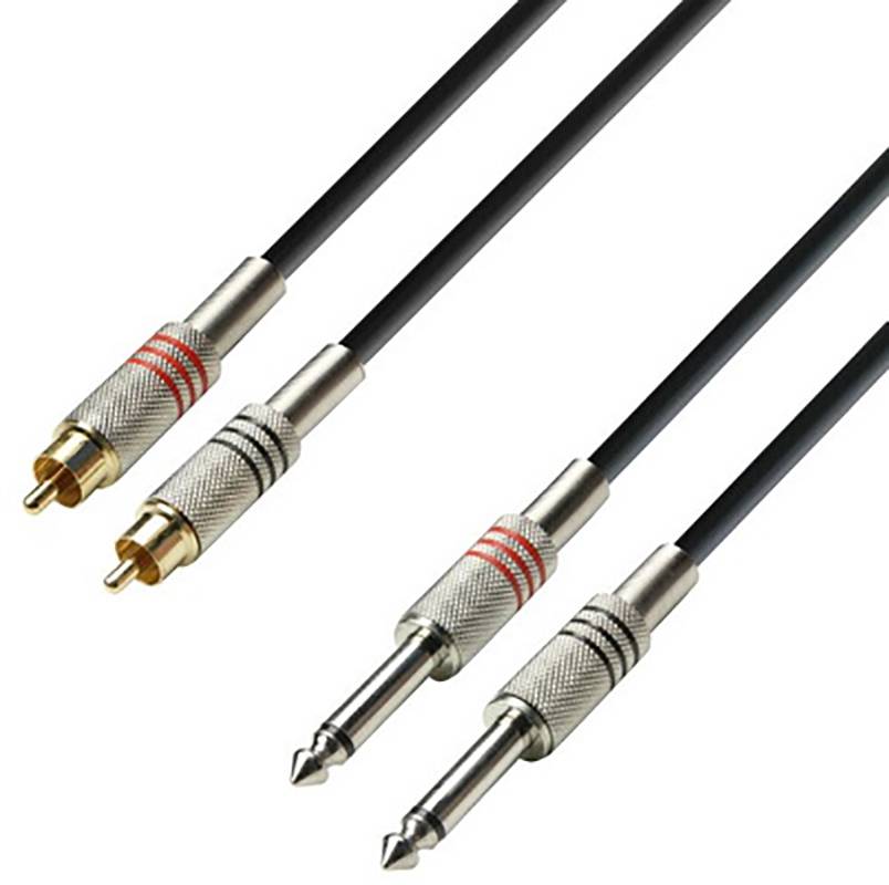 Audio Cable: Two RCA plugs on the left, connected to two 6.35 mm jack plugs on the right. Silver metal sleeves with red markings.