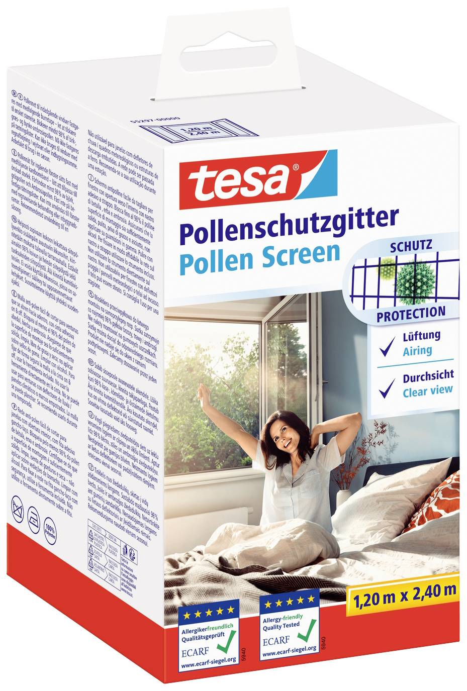 Packaging for 'tesa Pollen Protection Grid' shows a woman stretching on a bed with an open window. Size: 1.20 m x 2.40 m.