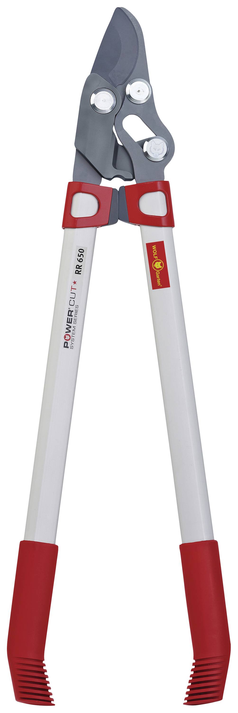 Pruning shears with long handles and red handle ends, suitable for cutting branches.