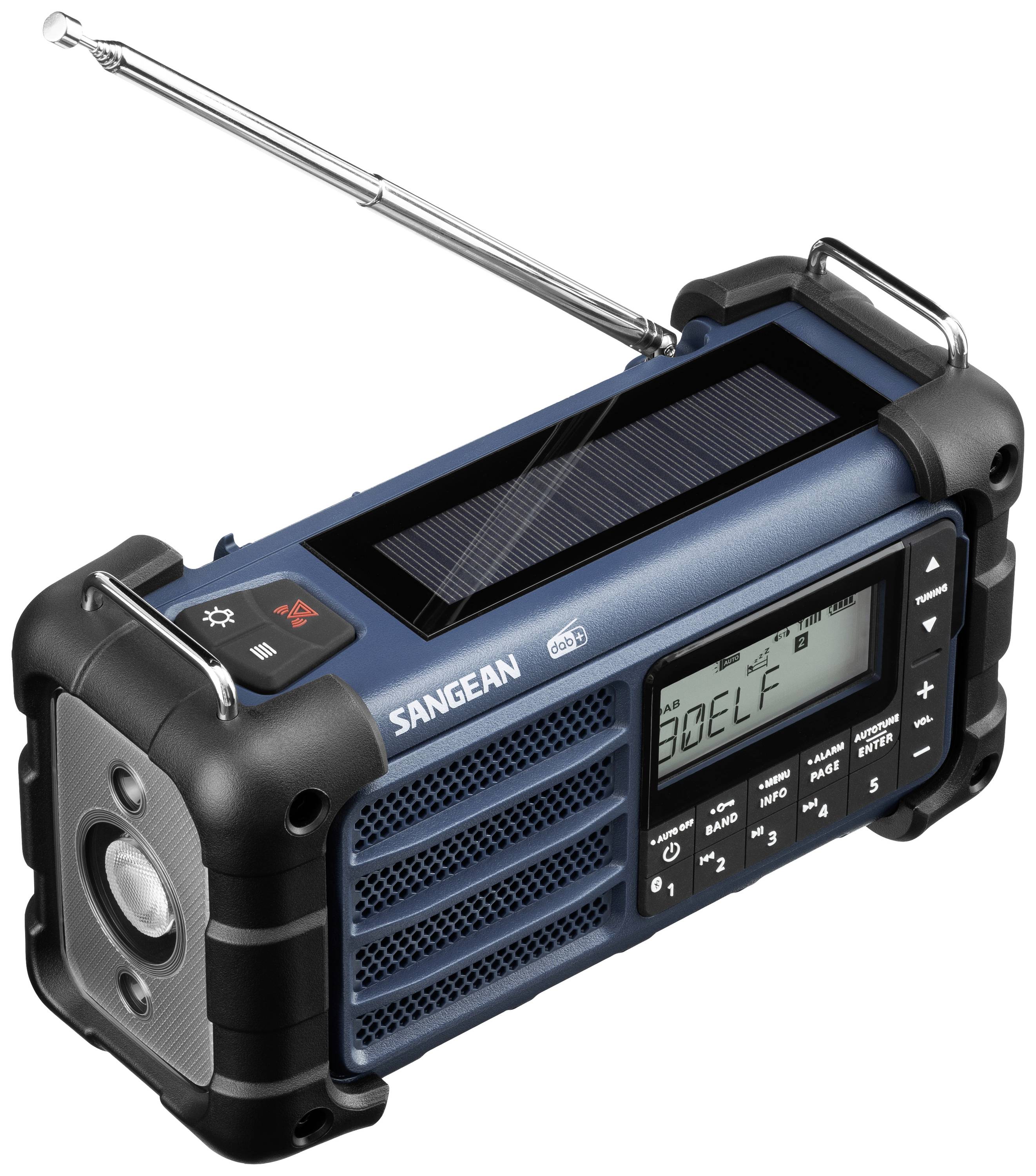 A portable outdoor radio with a solar panel, robust protective frame and digital display, showing 'SELF'.