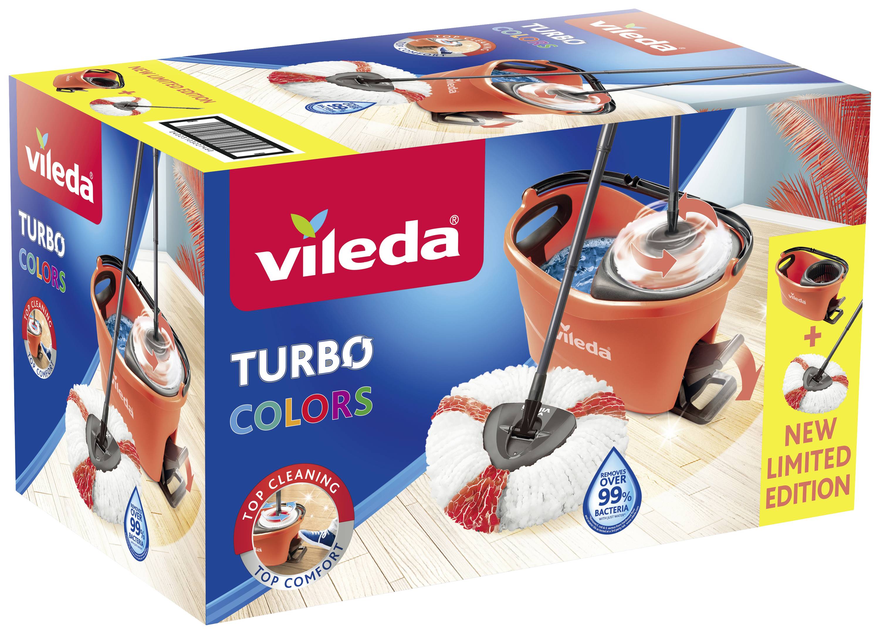 Cardboard box for a Vileda Turbo Colors mop set, showing a mop and bucket. Text reads: 'Top Cleaning', 'Top Comfort', 'New Limited Edition'.