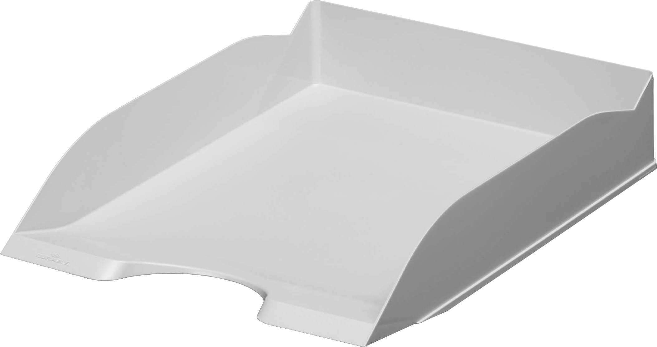 A white, rectangular plastic document tray with slightly raised sides, used for storing documents on a desk.