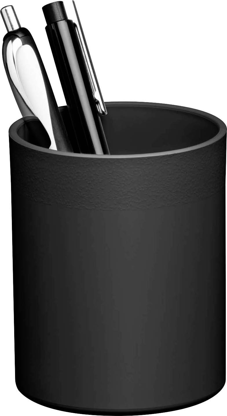 Black pen holder with a silver and a black pen.