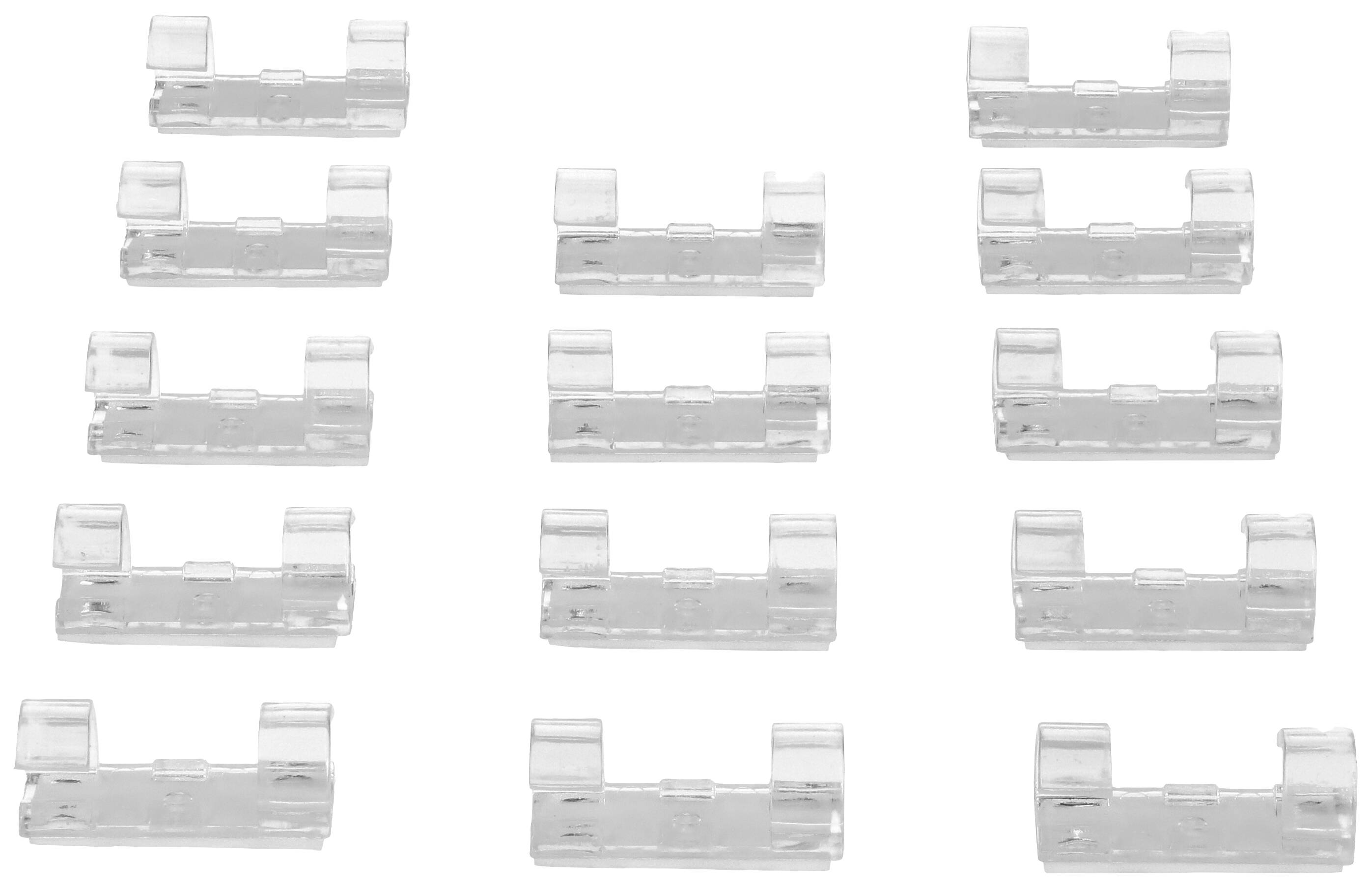 Transparent plastic clips in two rows, six per row. They are commonly used for securing objects.
