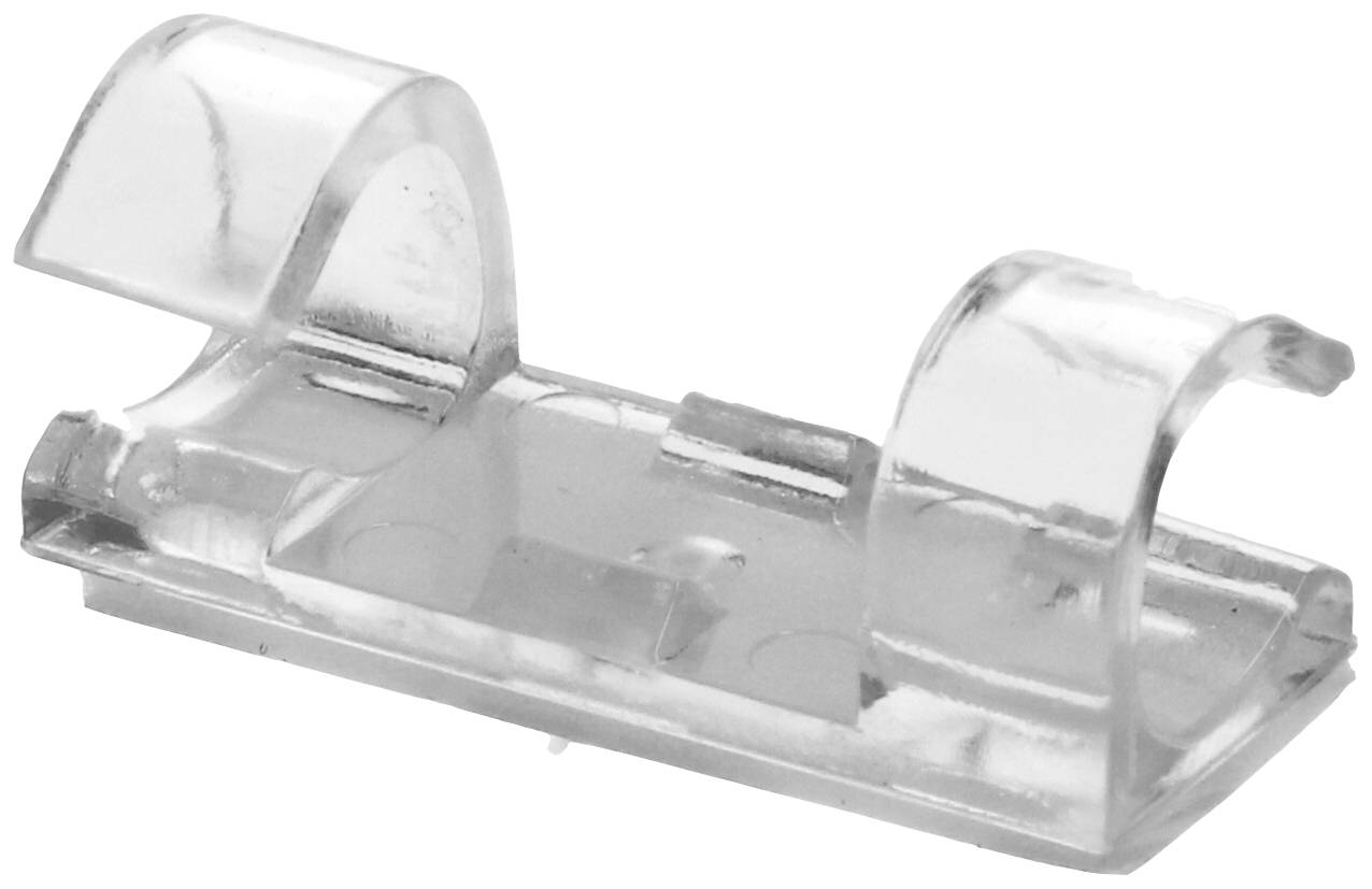 Transparent plastic clip with two mounting points, likely used for securing cables or wires to surfaces.