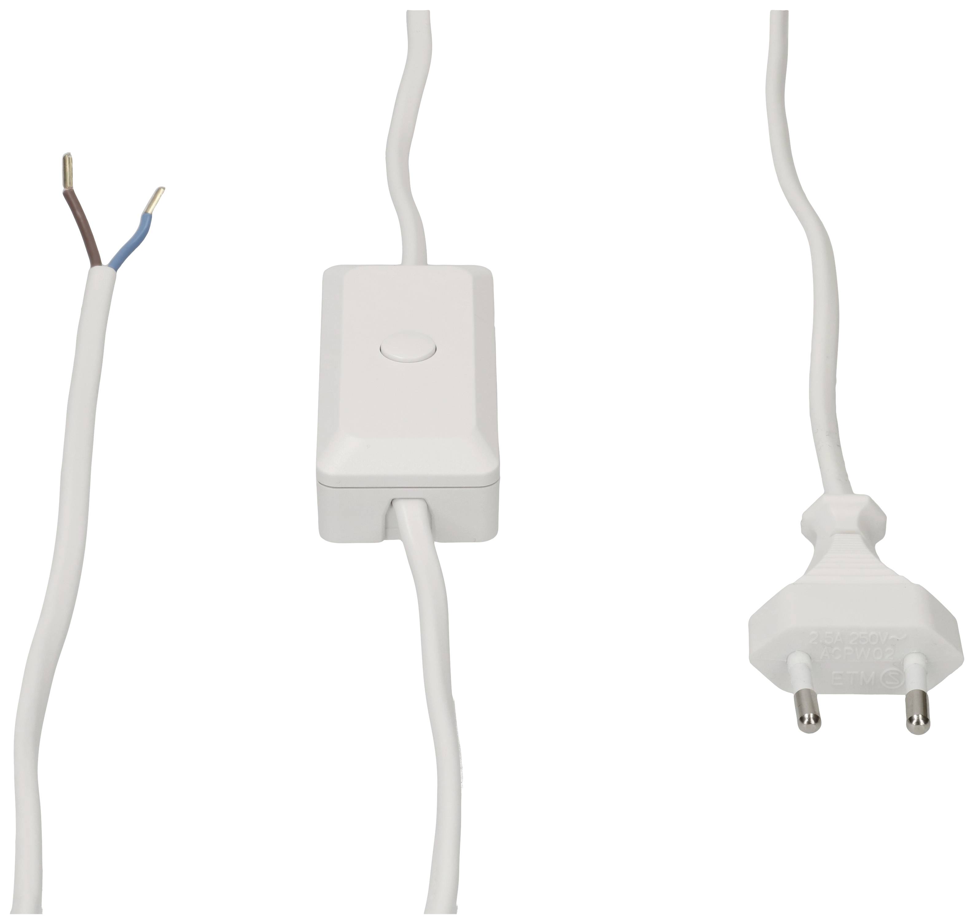 White electrical cables with switch and plug. Left a two-core cable, centre switch, right plug.