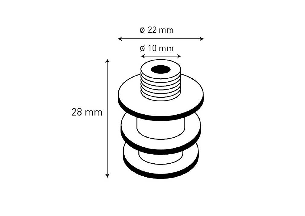 Technical drawing of a cylindrical metal component with dimensions: 22 mm diameter, 10 mm hole diameter, 28 mm height.