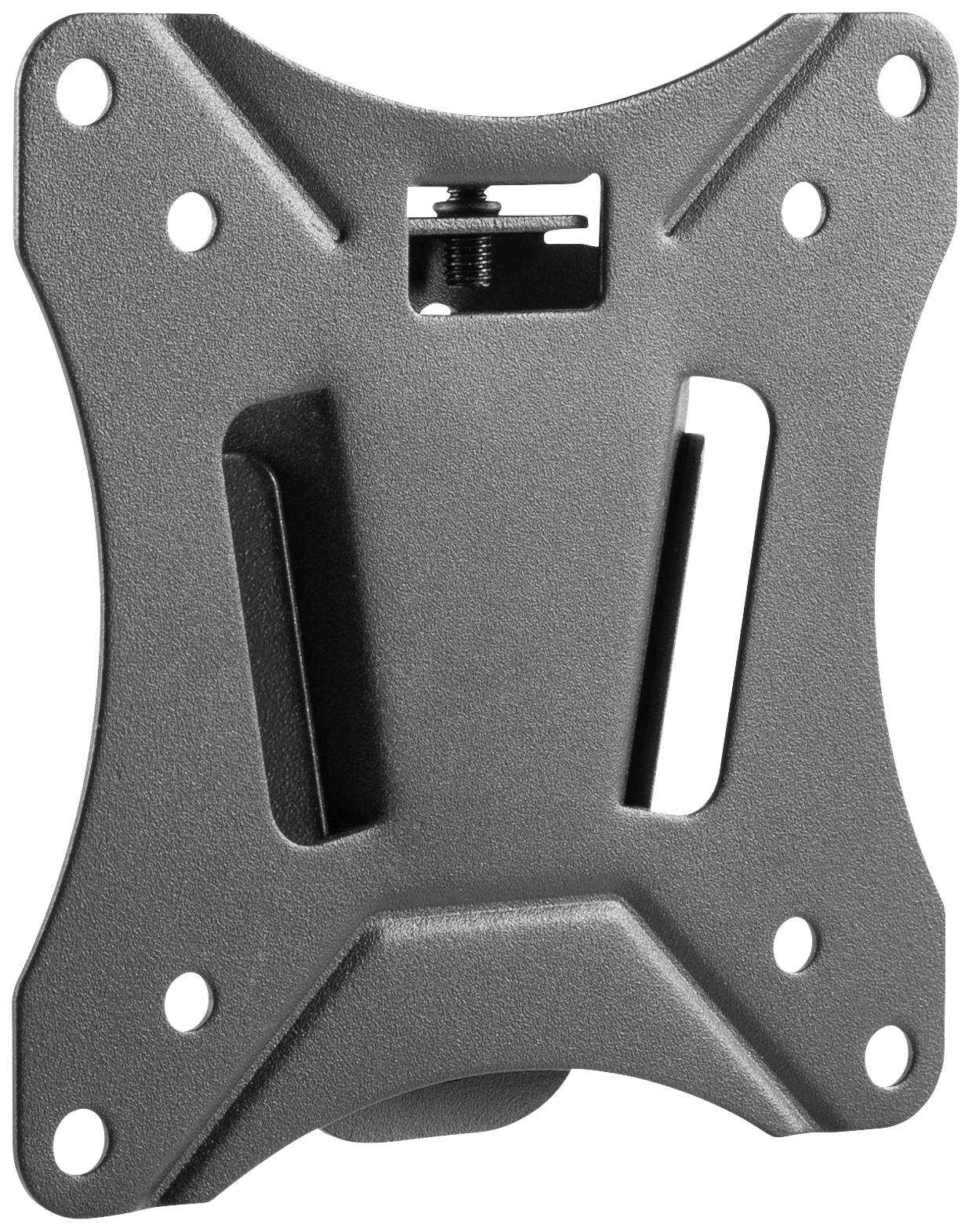 A black, rectangular metal bracket with multiple holes, likely for mounting on a wall or monitor.