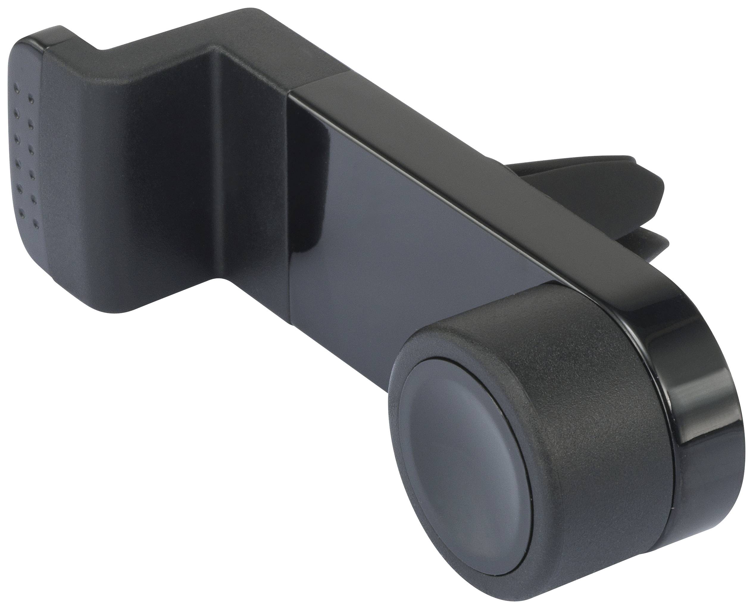 Black, compact smartphone holder for the car, with adjustable clamp and ball joint for mounting on air vents.