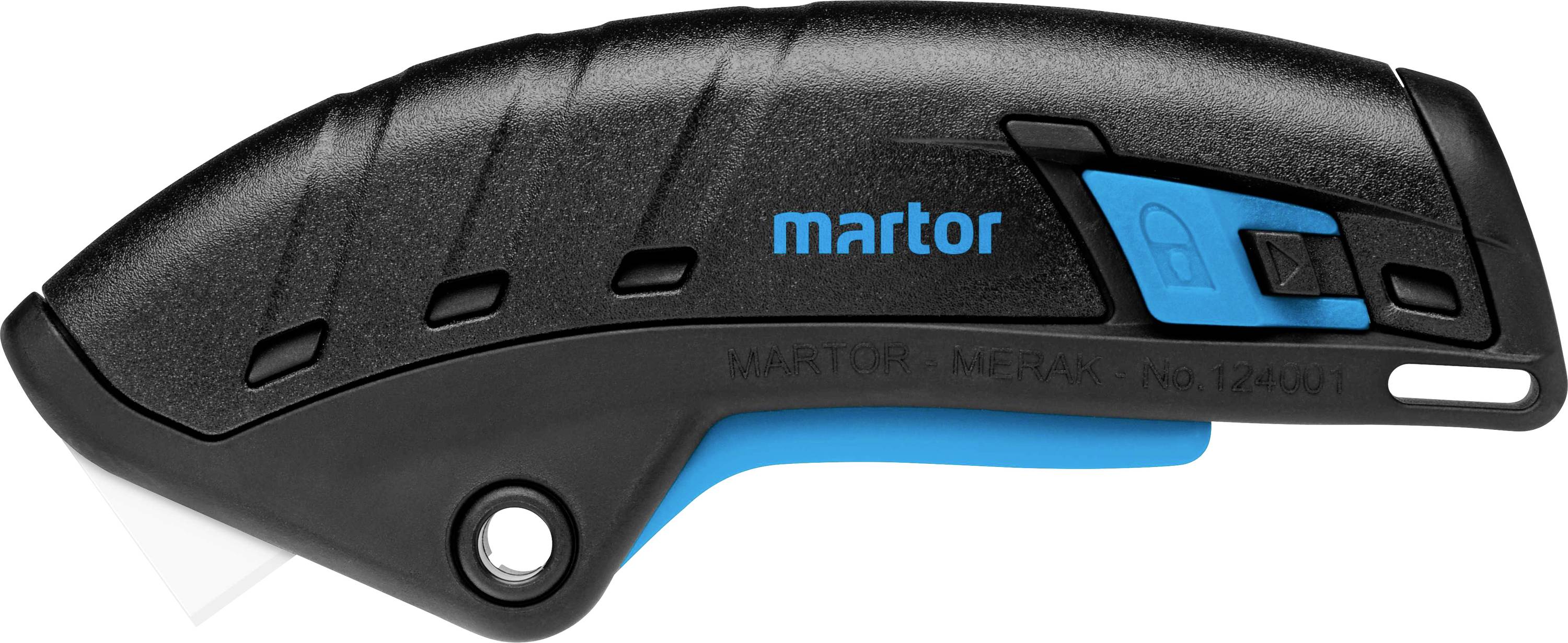 Black and blue safety cutter with an ergonomic handle, blade partially visible. Logo and locking mechanism in the centre.