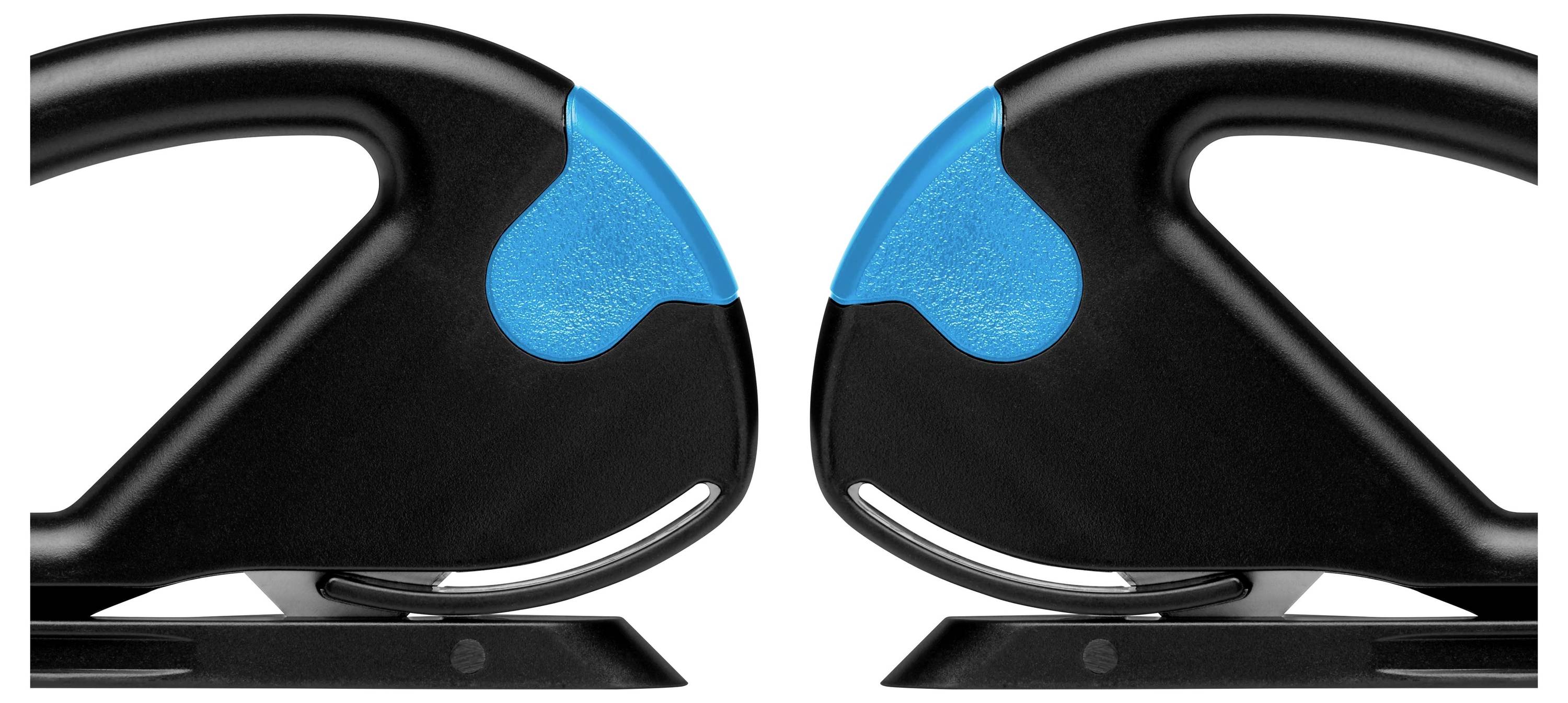 Two black hole punchers with blue grip accents, positioned opposite each other. They are symmetrically arranged, highlighting their ergonomic design.