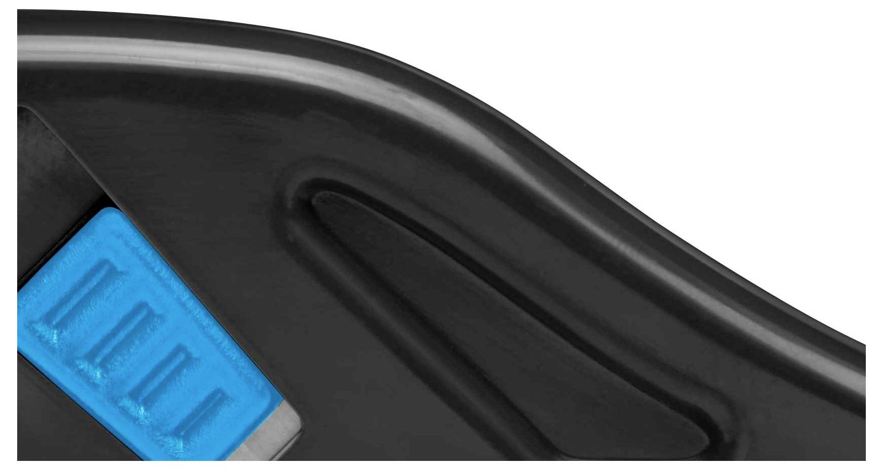 A section of a black plastic object with blue details is shown, potentially part of a tool or device.