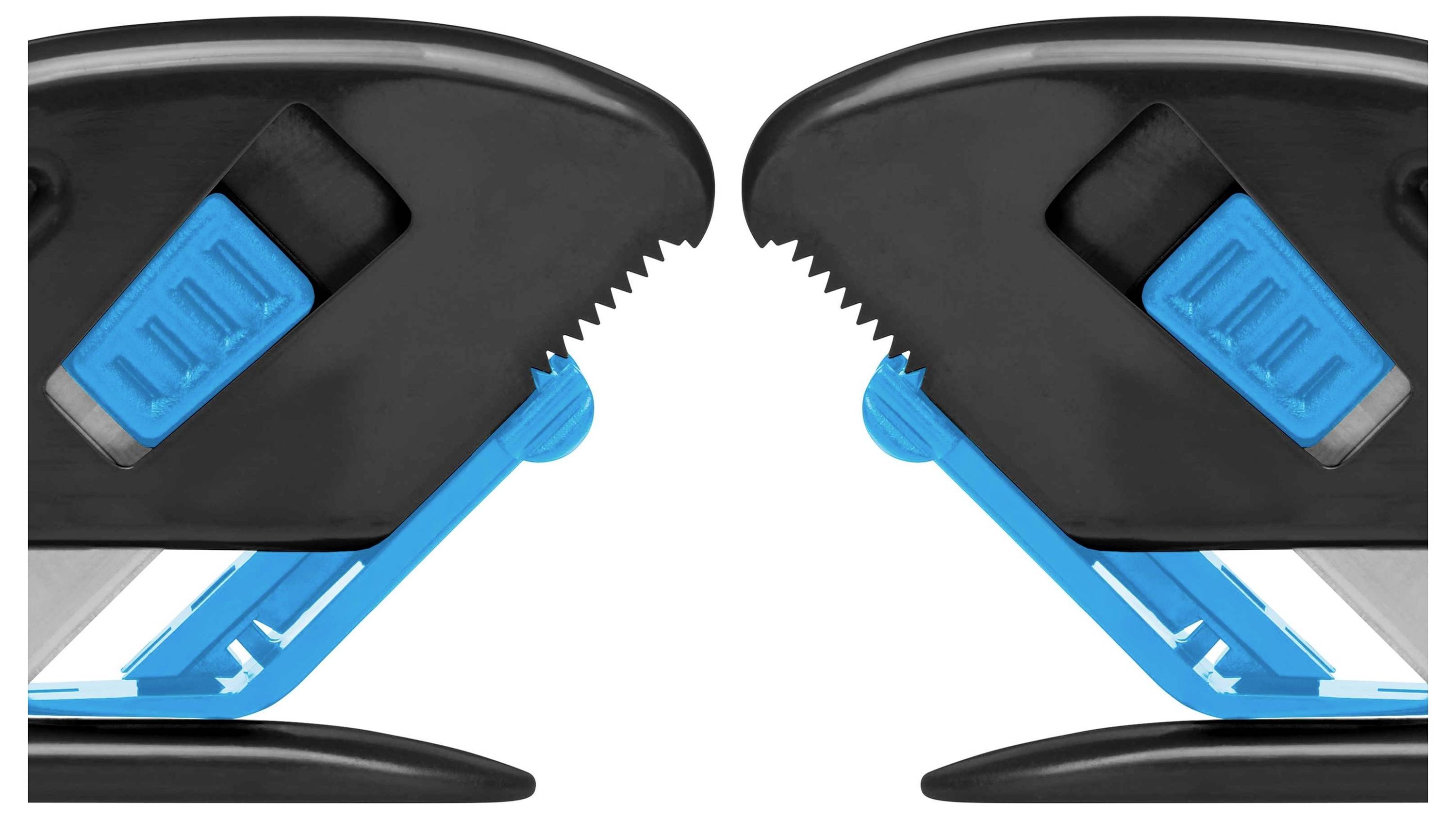 Two opposing black staple removers with blue handles, their serrated tips almost touching.