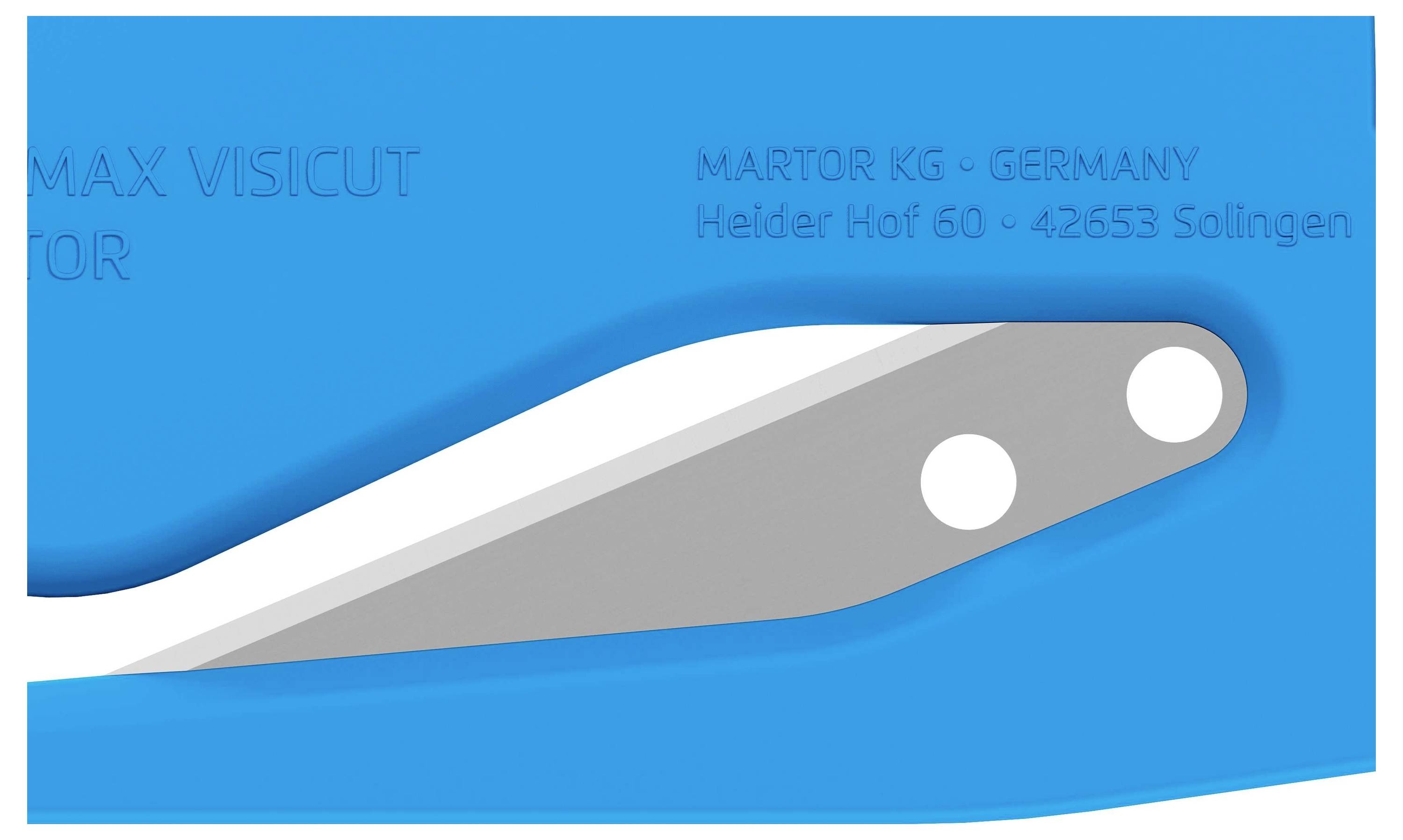 Abstract image of a blue surface with a sharp edge in the middle and a silver element. Text on the image: 'MARTOR KG - GERMANY'.