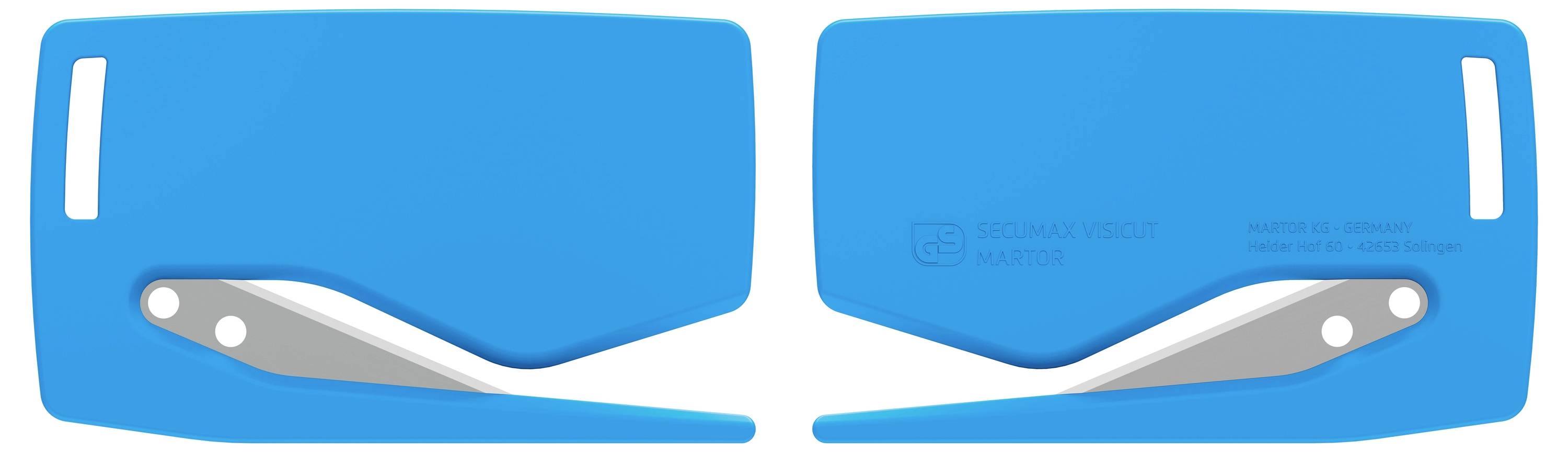 Blue card knife, front and back view. Blade is integrated into the card. Ideal for carrying in a wallet.