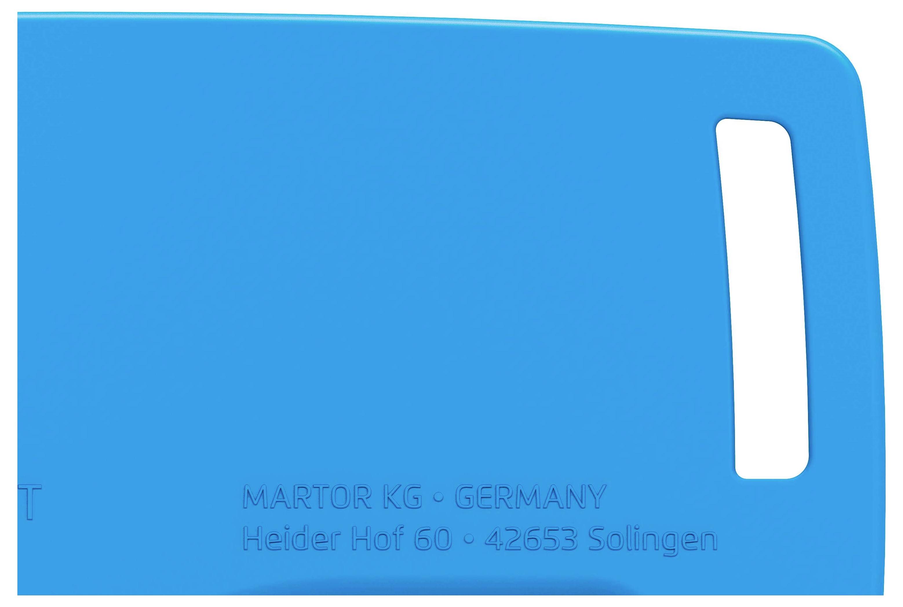 Blue object with rectangular opening. Inscription 'MARTOR KG - GERMANY' and address 'Heider Hof 60 · 42653 Solingen'.