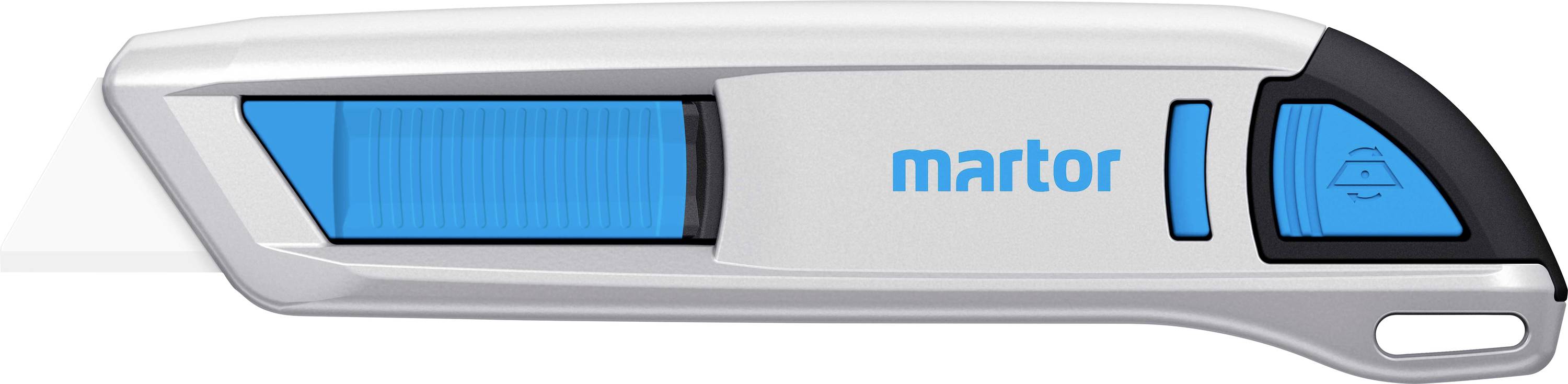 Pictured is a silver safety knife with blue accents. 'Martor' is written on the side.