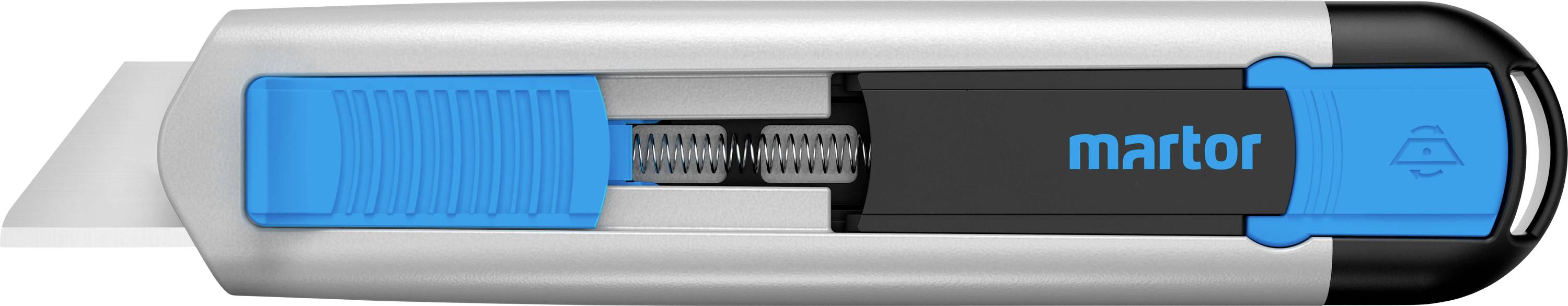 A silver-black safety knife with blue accents and the inscription 'Martor'. The knife has a retractable blade.