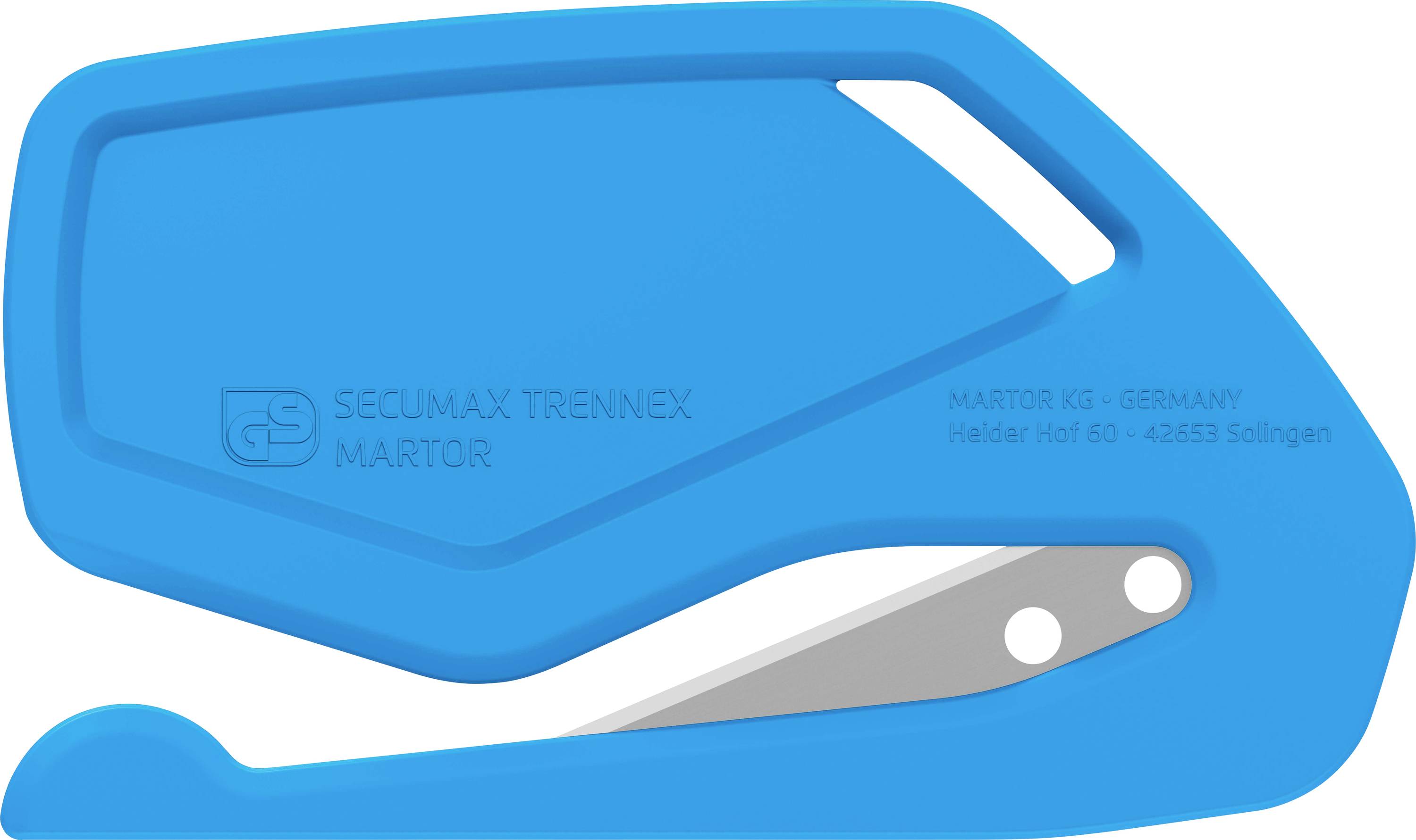 Blue safety knife with blade, brand name 'SECUMAX TRENNEK' and manufacturer details 'MARTOR KG, GERMANY'.