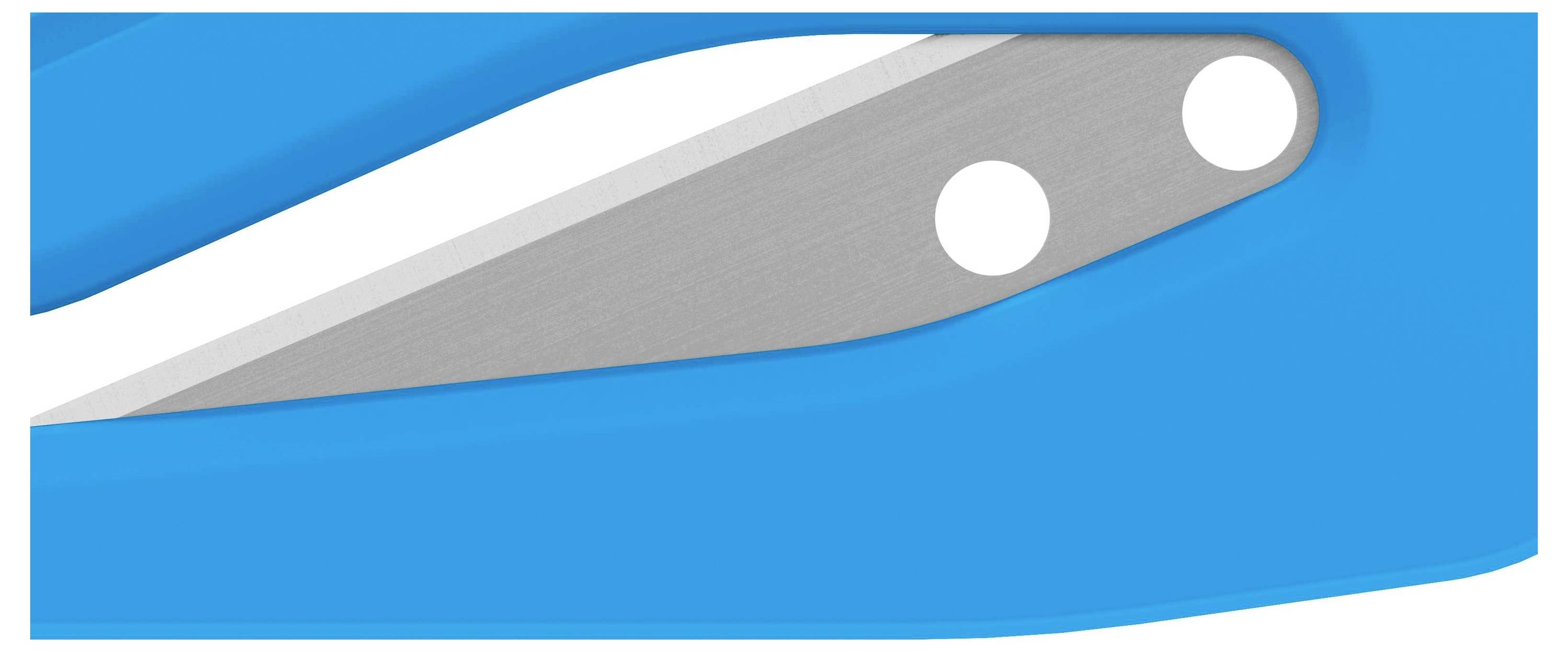 Part of a blue scissor with a silver blade and two visible rivets.