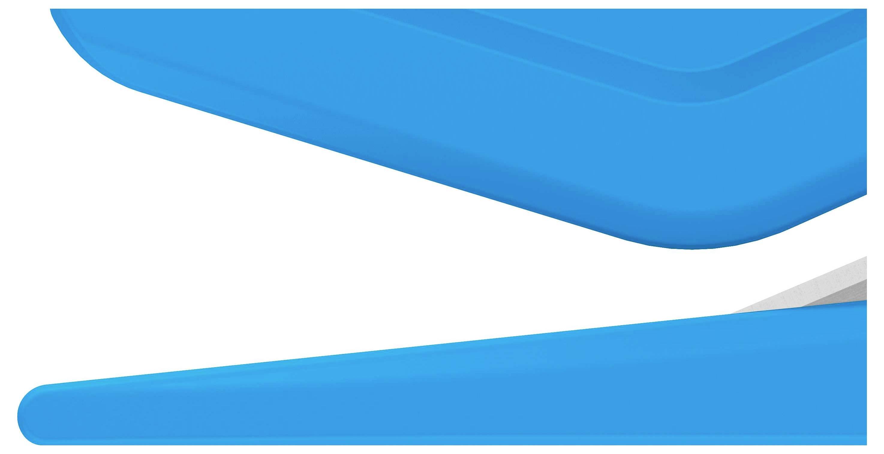 Abstract design with two blue, slightly curved shapes against a white background.