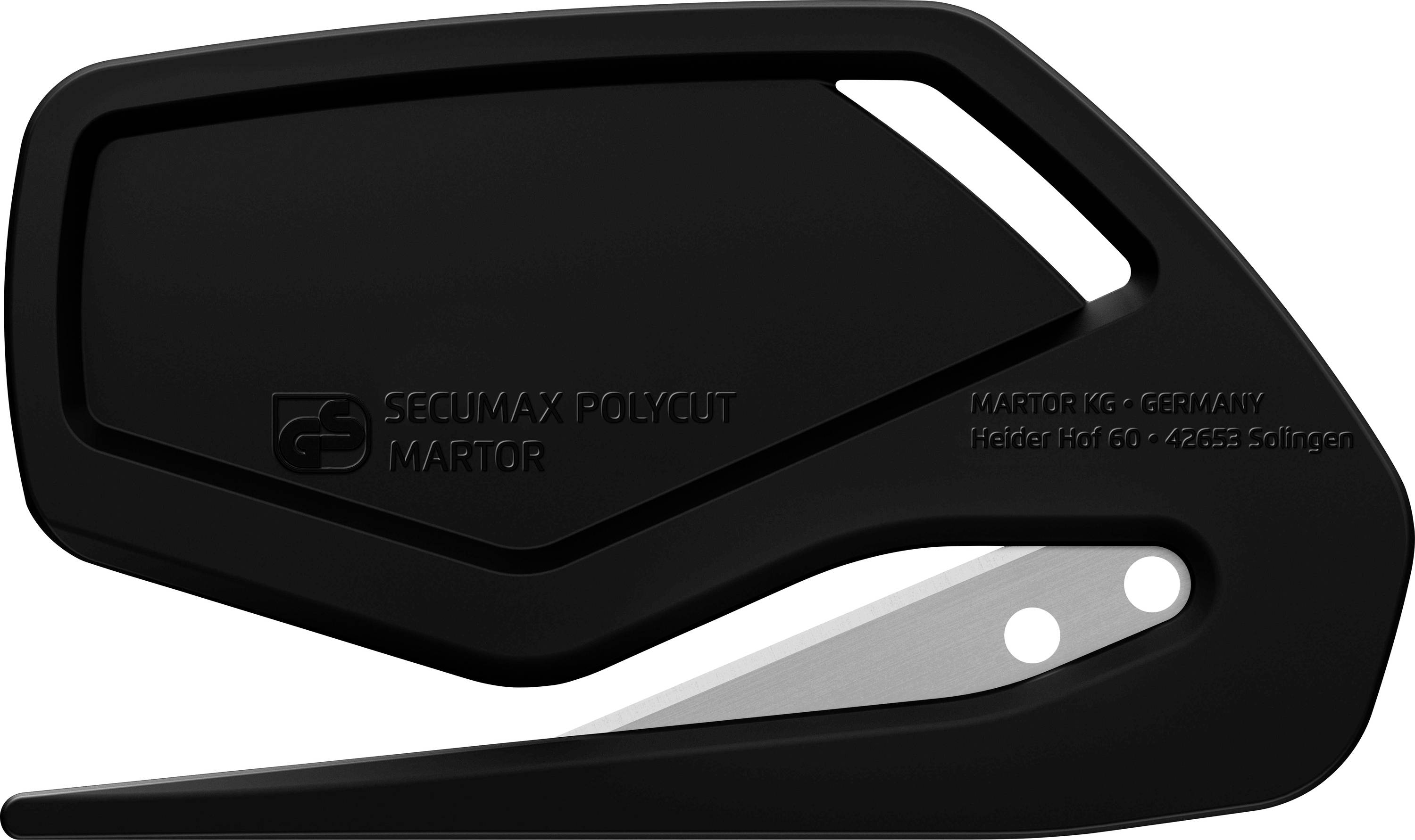 Black safety cutter with blade, labelled 'Secumax Polycut Martor', compact and ergonomically designed.