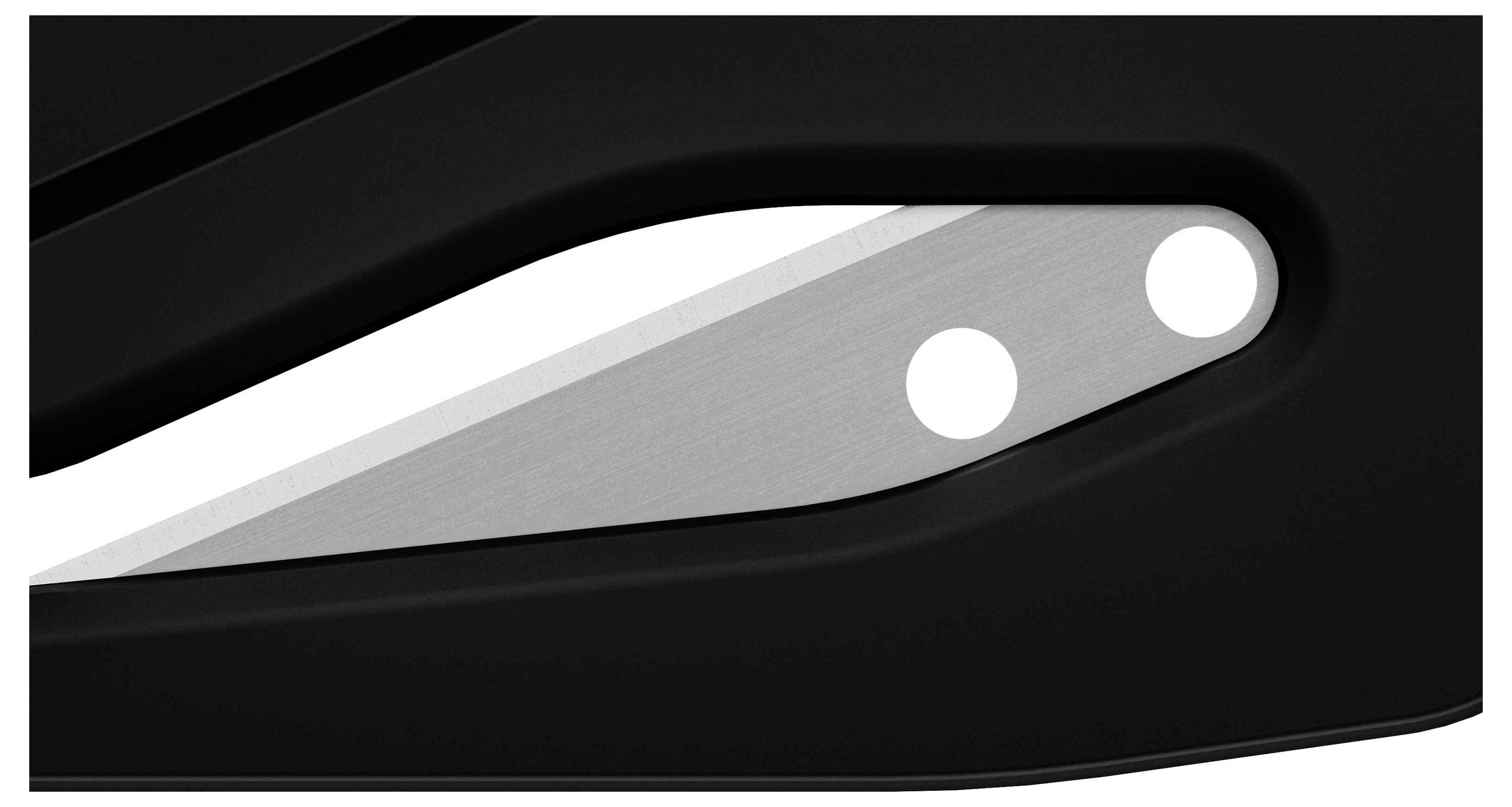Close-up of part of a pair of scissors, showing black handles and a silver, smooth blade section with two holes.
