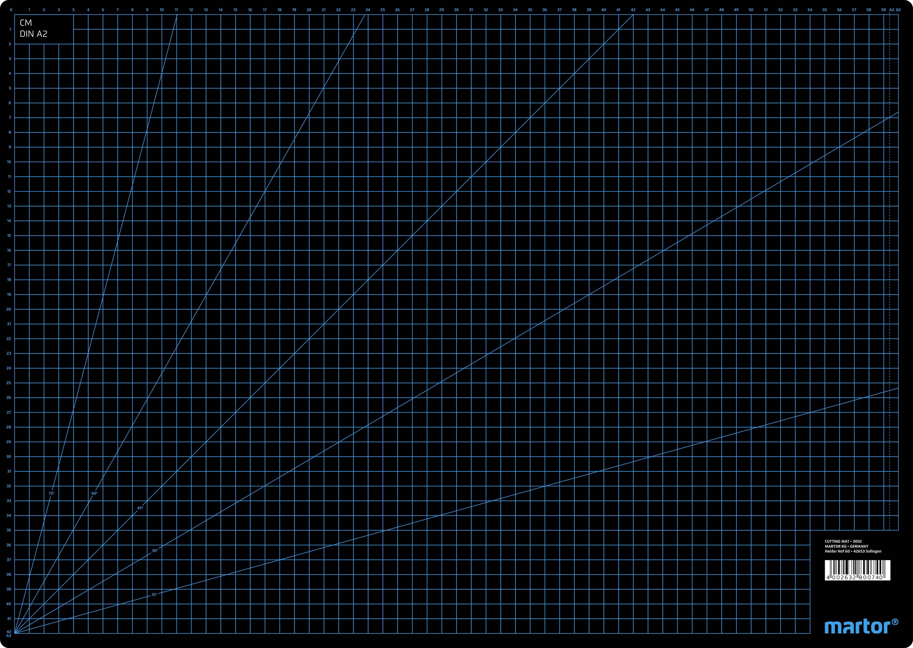 'Cutting mat with grid pattern. Black background, blue grid lines for precise cutting work. Inscription 