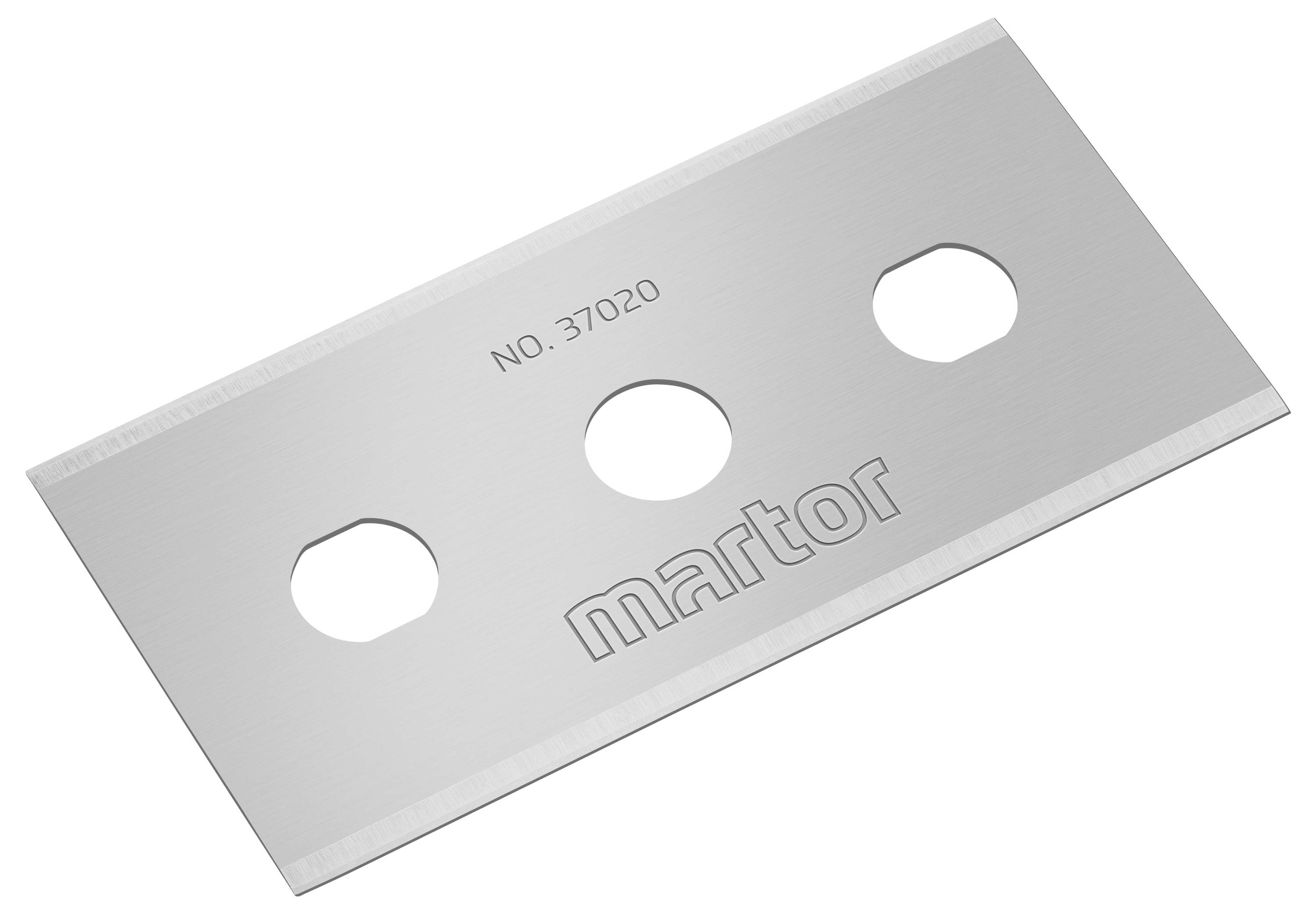 Metallic blade with three oval holes and the inscription 'martor NO. 37020' in the centre.