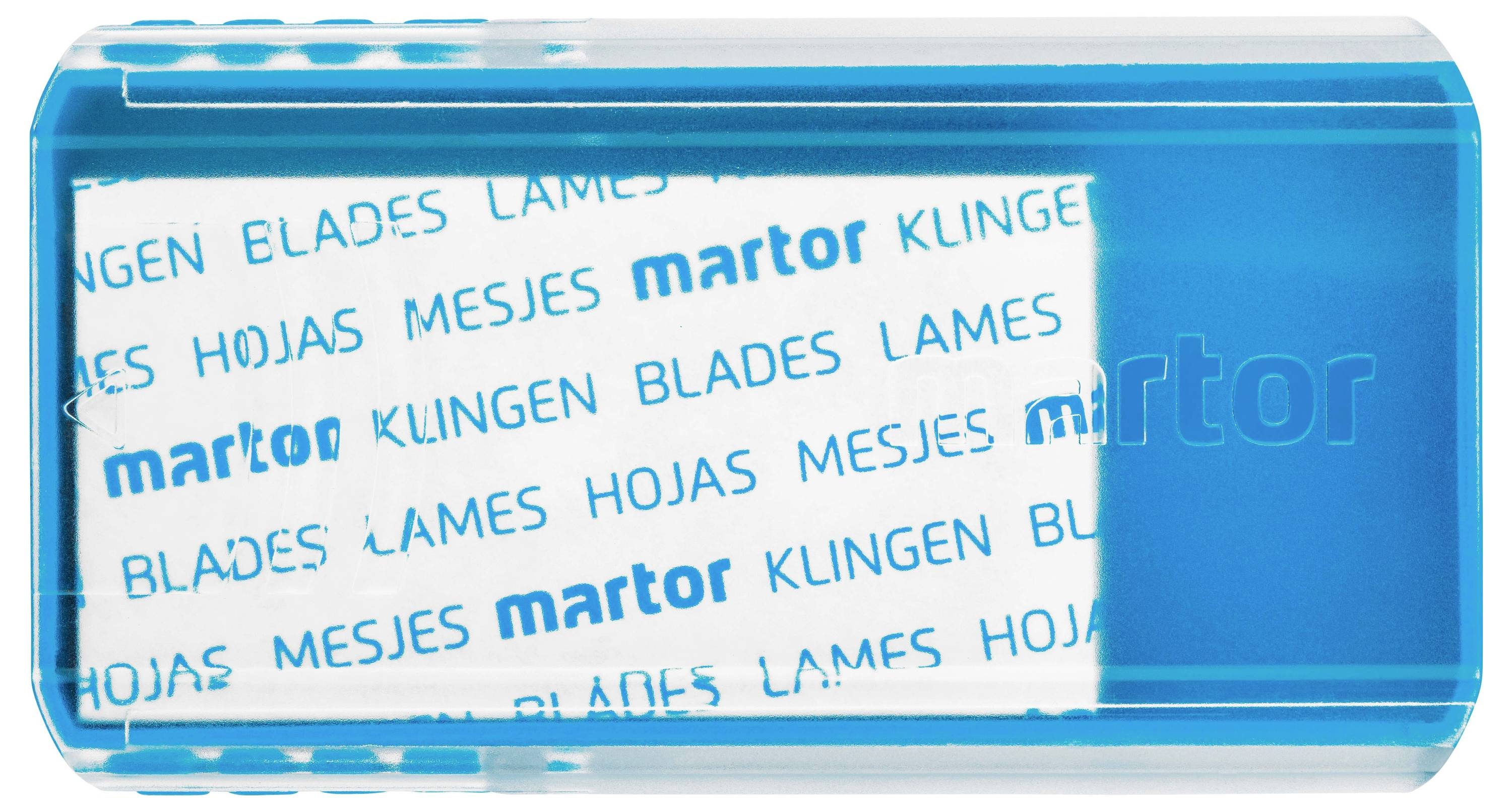 A blue case with the inscription 'martor' contains blades labelled in various languages: Blades, Lames, Hojas, Mesjes, Klingen.