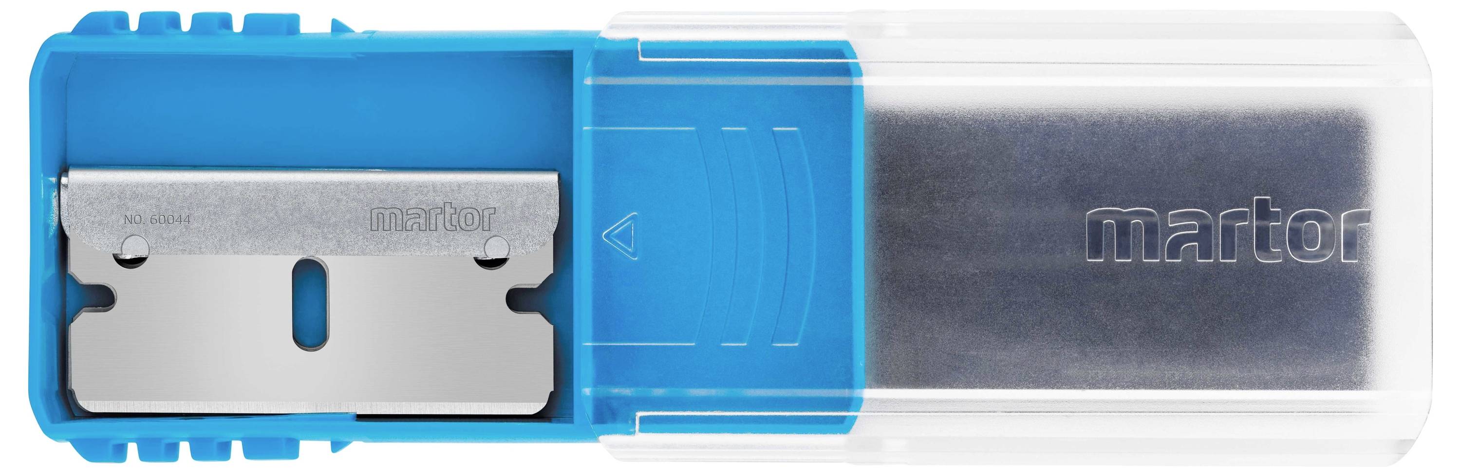 Blue, rectangular plastic box with a transparent lid and a built-in razor blade dispenser by Martor.