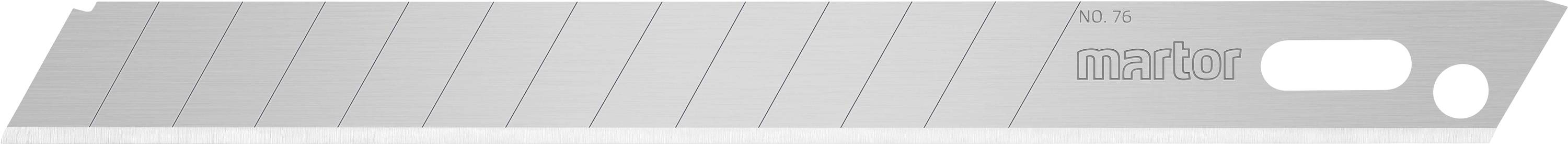 A grey metal carpet knife replacement blade with a bevelled edge and multiple breaking point lines for adjusting the length.