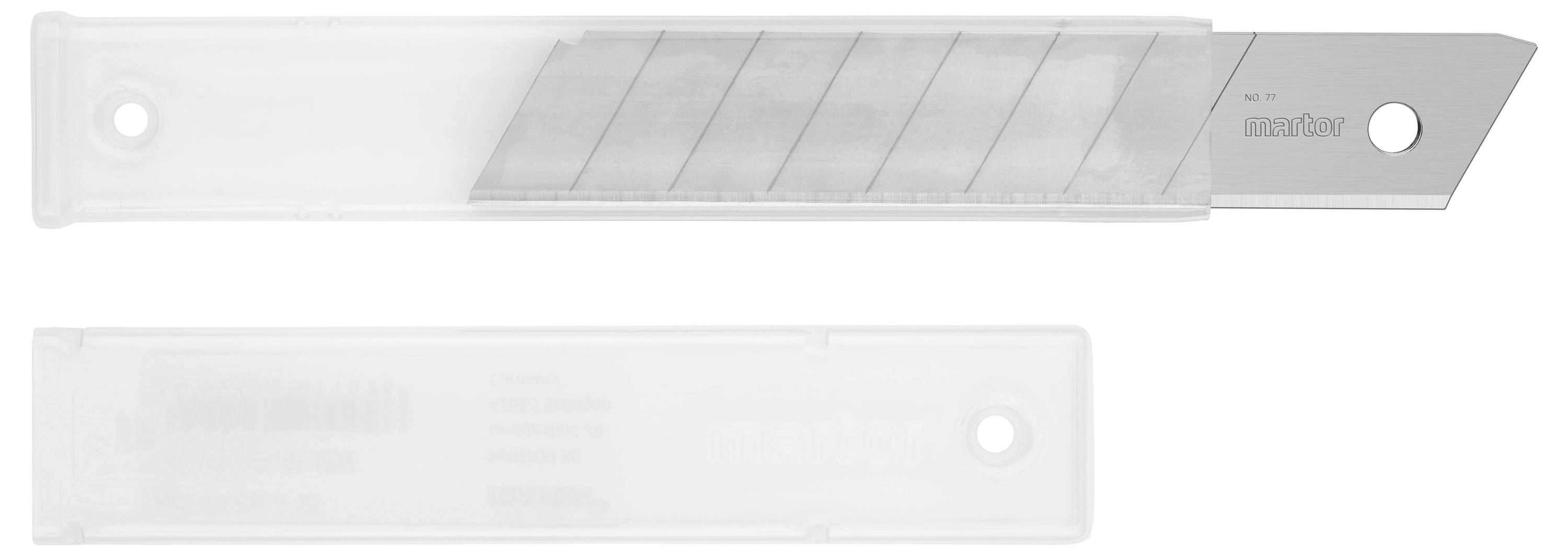 A rotatable pack of 10 snap-off blades made of stainless steel in a transparent plastic case.
