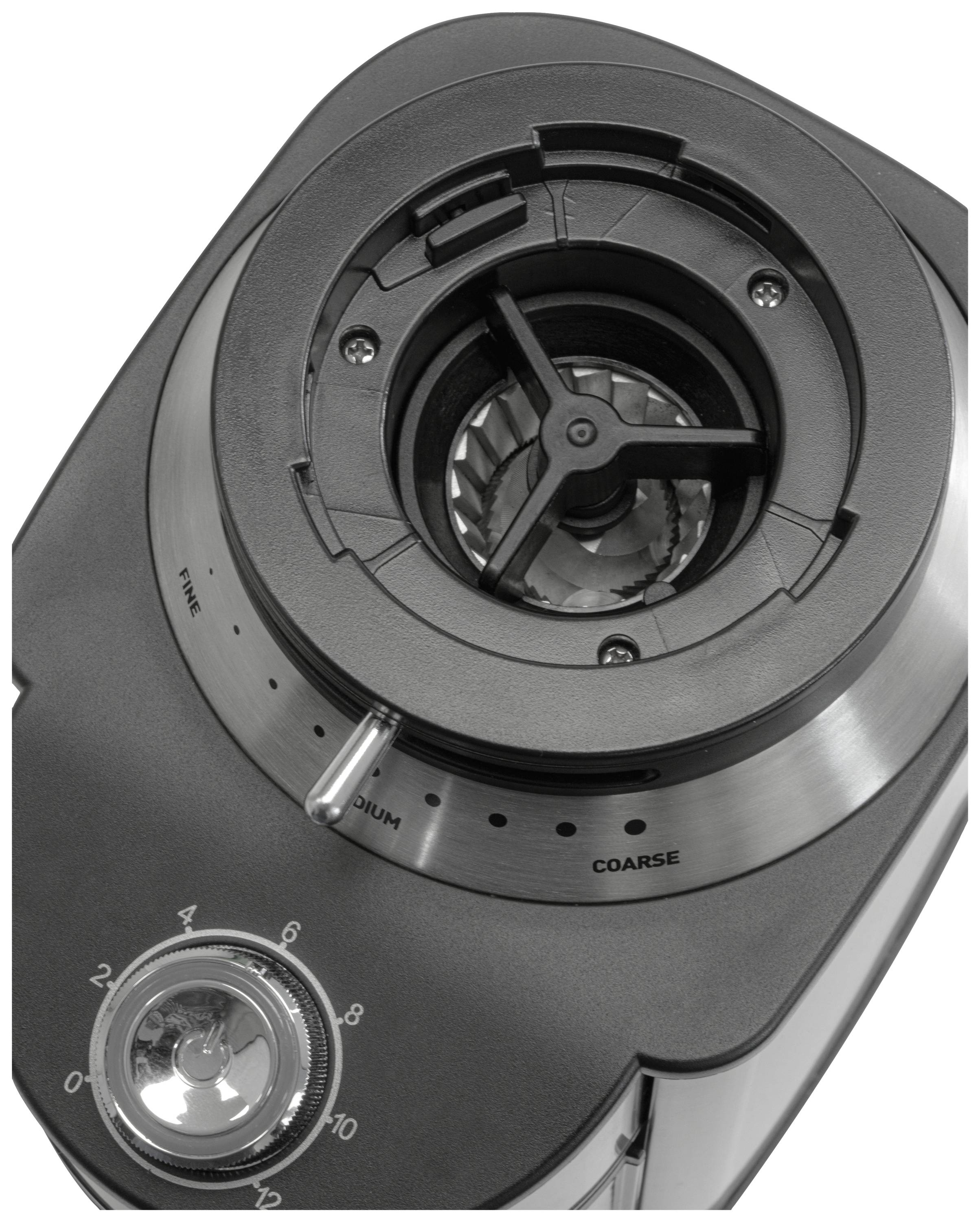 Coffee grinder viewed from above, showing a conical grinding mechanism and an adjustment scale ranging from fine to coarse grind settings.