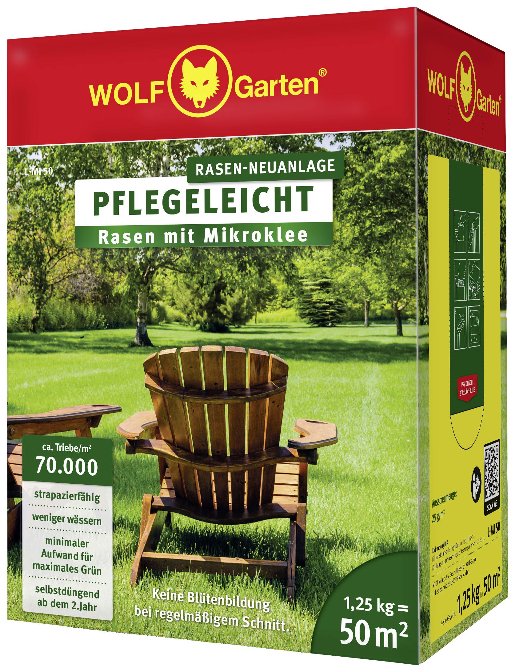 'Easy Care Lawn Seed Mix' by Wolf Garten. Packaging shows lawn with wooden chair. Suitable for 50 m², contains micro-clover.