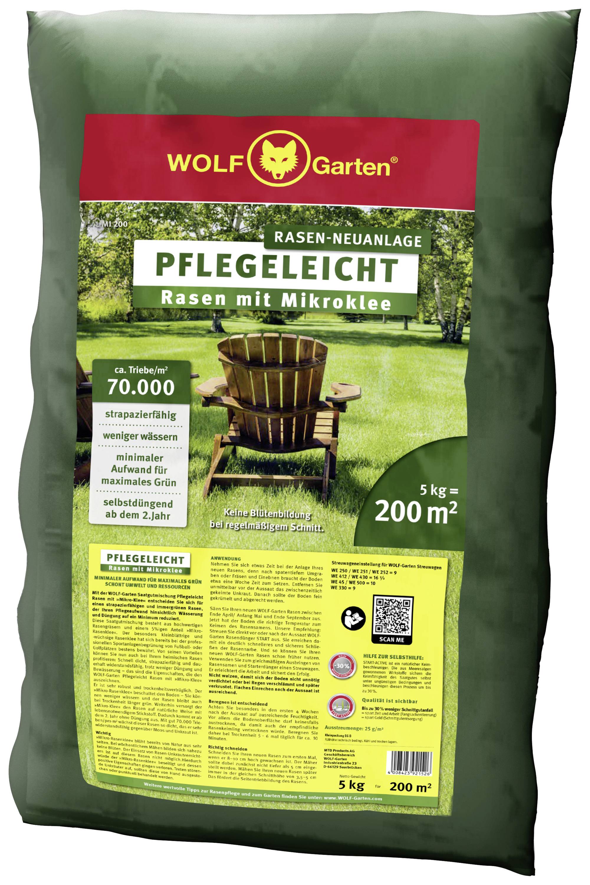 Package of lawn seed by WOLF-Garten brand, 'Low-maintenance' with micro-clover, for 200 m² area, 5 kg contents.