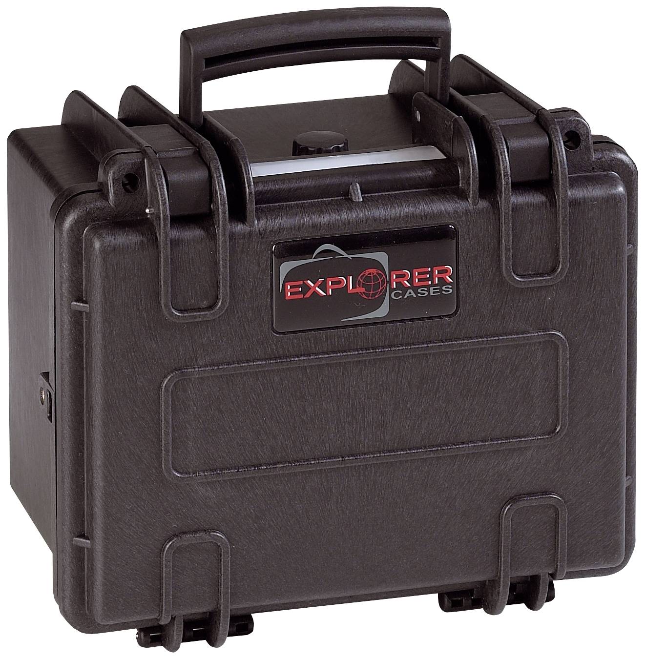 Black, robust suitcase with carry handle and locks, labelled as 'Explorer Cases'. Suitable for secure transportation of equipment.