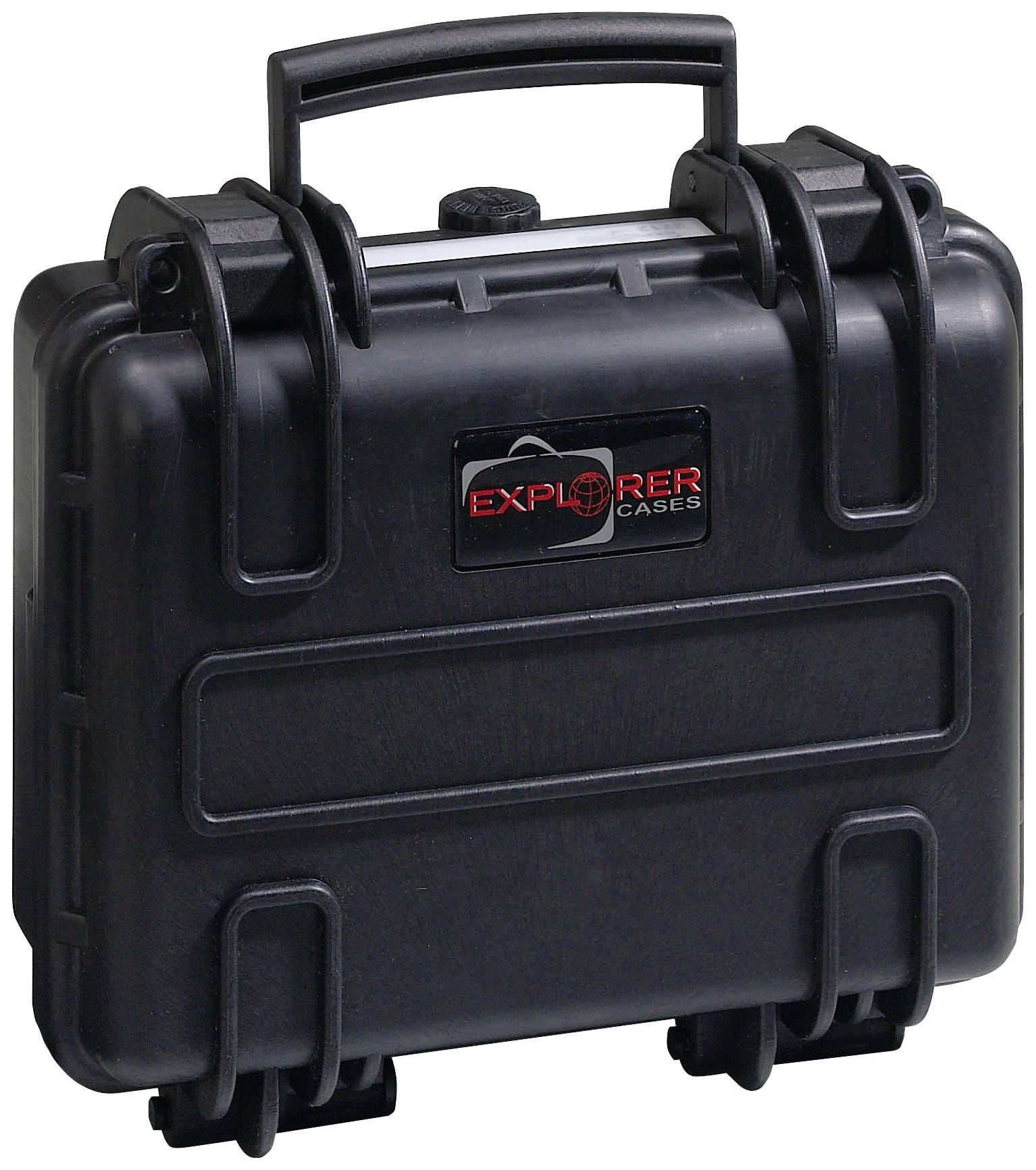 Black, robust explorer suitcase with handle and snap locks, suitable for secure transportation of delicate equipment.