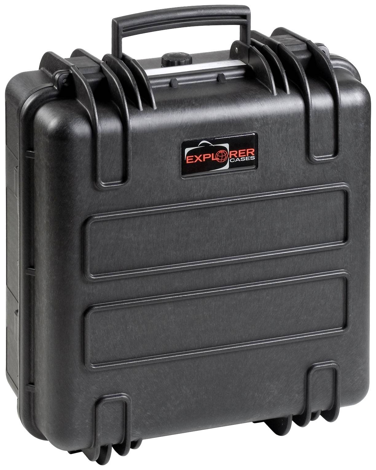 Black, robust suitcase with carry handle and wheels. 'Explorer Cases' logo in the centre of the suitcase. Suitable for secure transportation.