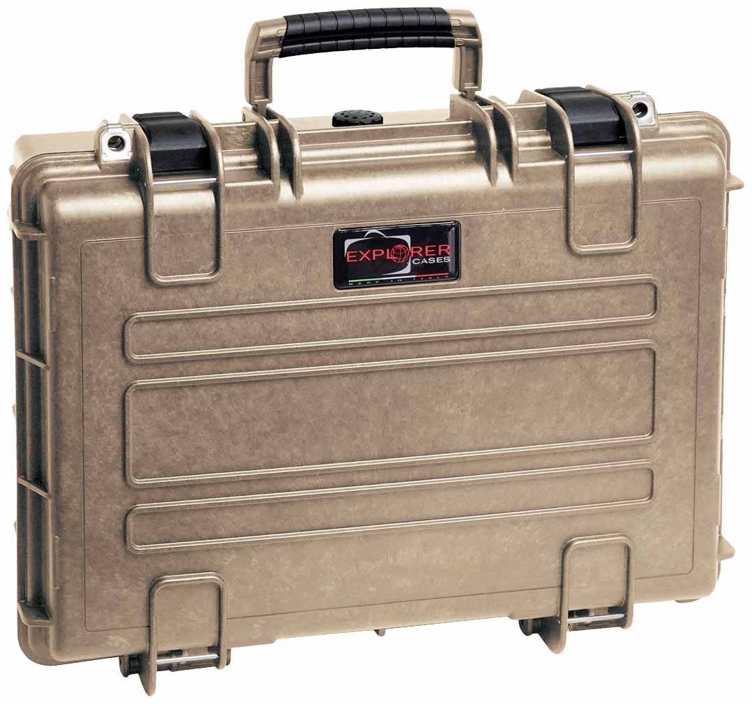 A durable, beige hard-shell suitcase with carry handle, 'Explorer Cases' brand logo on the front, suitable for secure transportation.