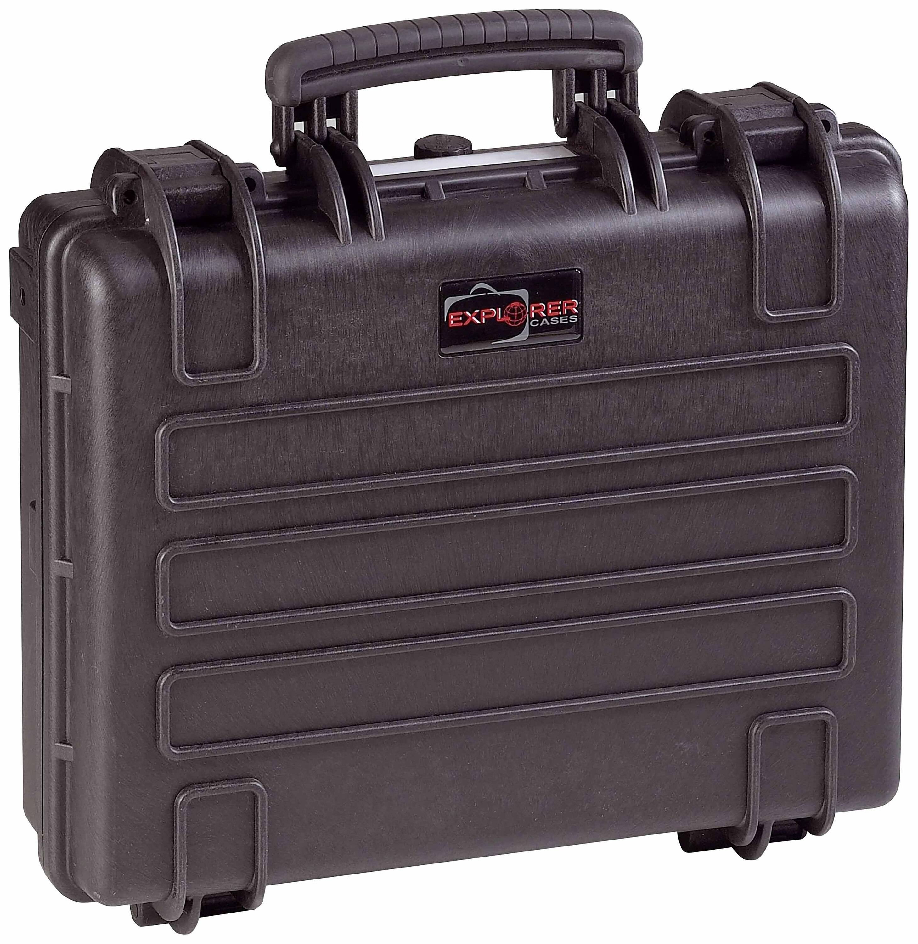 Black, robust hard-shell suitcase with carry handle and clasps, ideal for securely transporting delicate items.