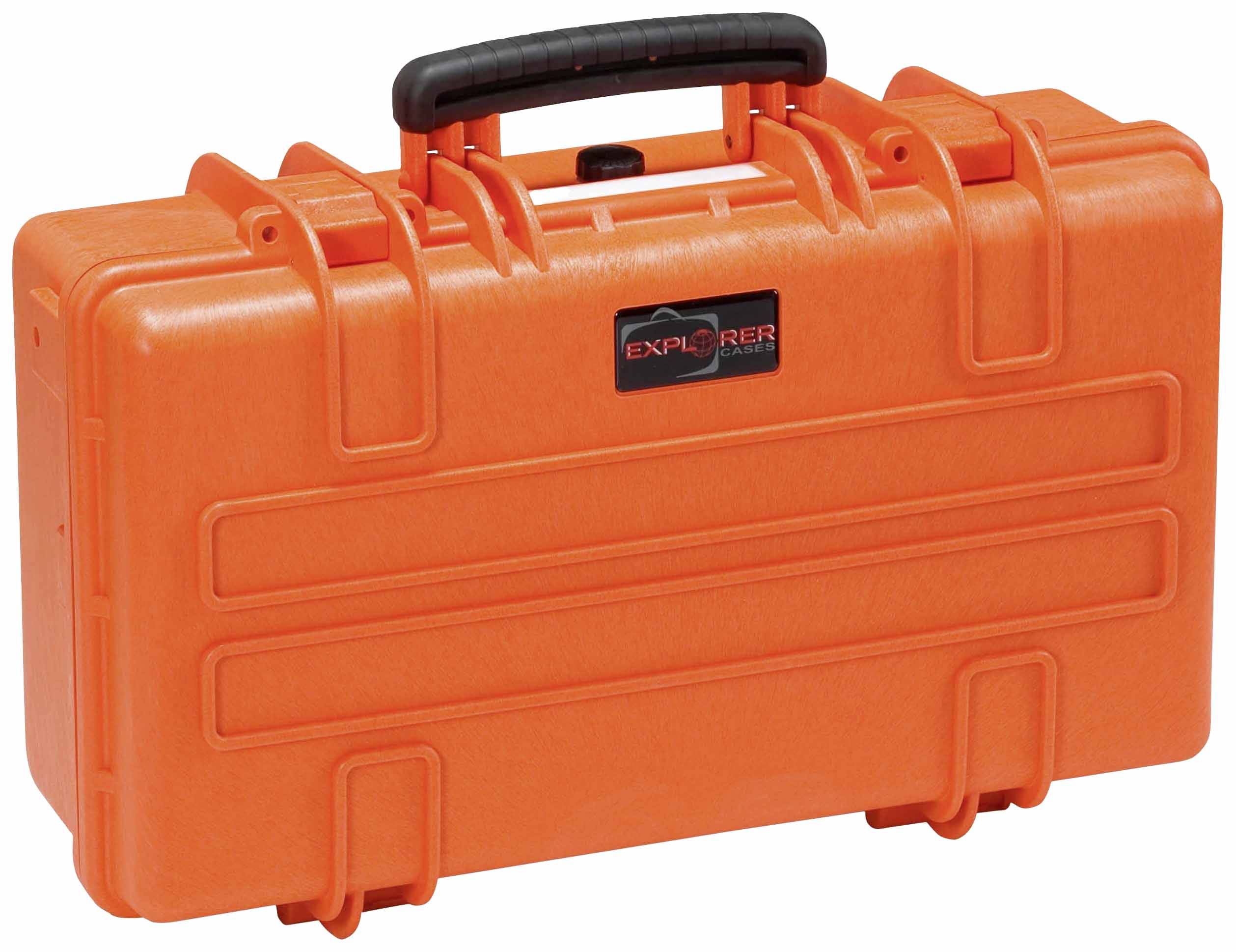 An orange hard-shell suitcase with a black handle, robust design, suitable for the secure transportation of sensitive equipment.