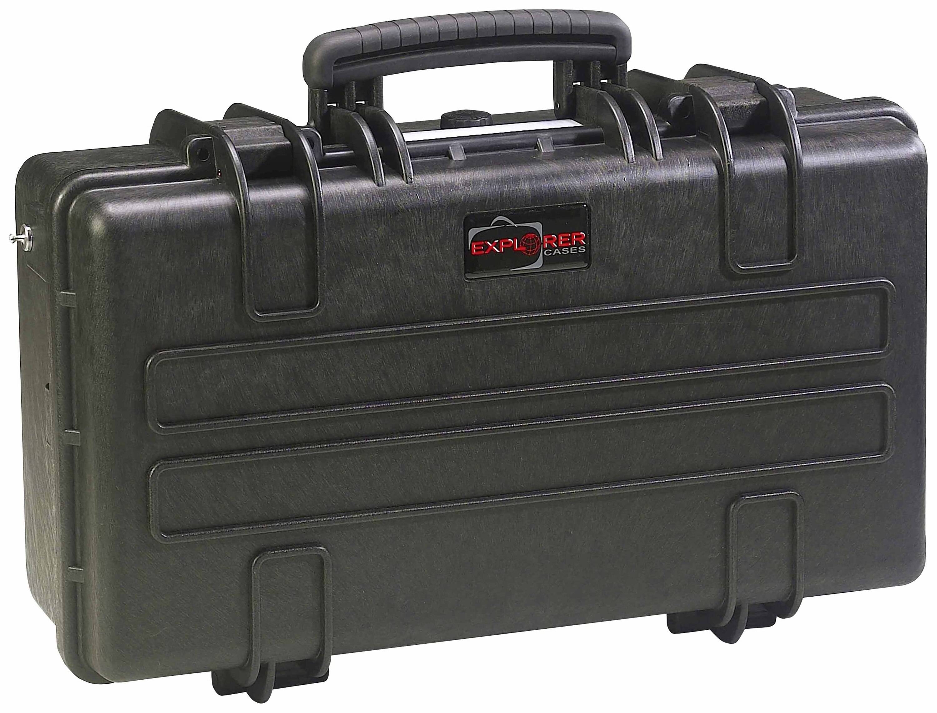 Black, robust suitcase with carry handle, suitable for the secure transportation of equipment. Brand name visible on the front.