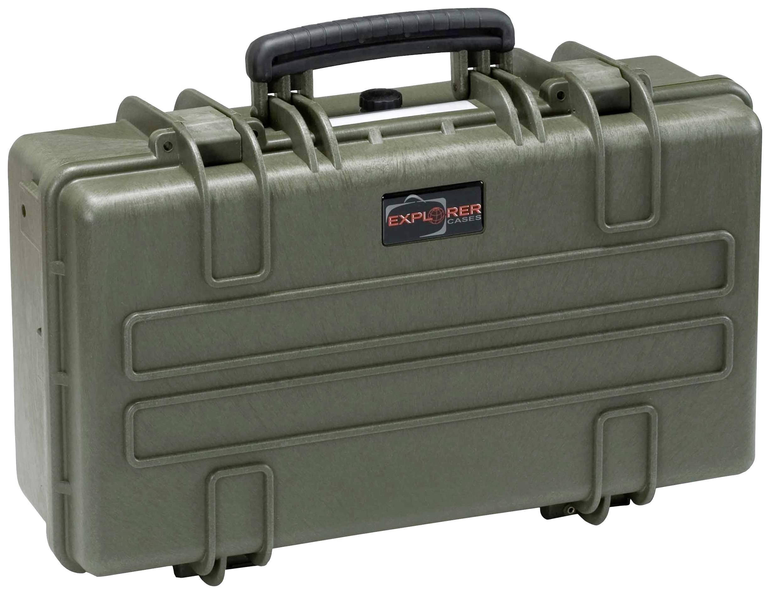 A robust, green protective case with a black handle and 'Explorer Case' logo, suitable for securely transporting delicate equipment.