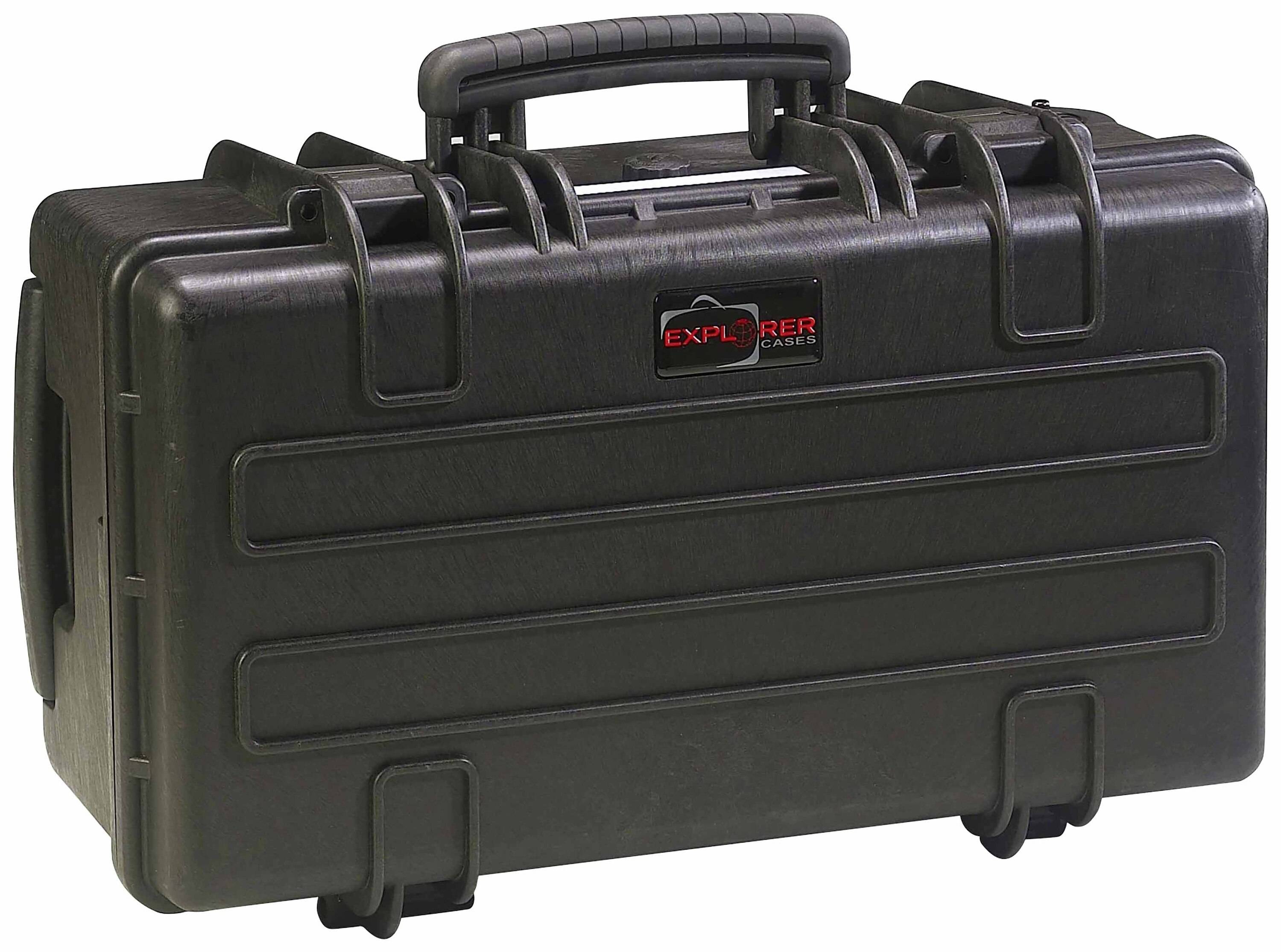 A black hard-shell case with a handle. On the front, it bears the 'Explorer Cases' logo.