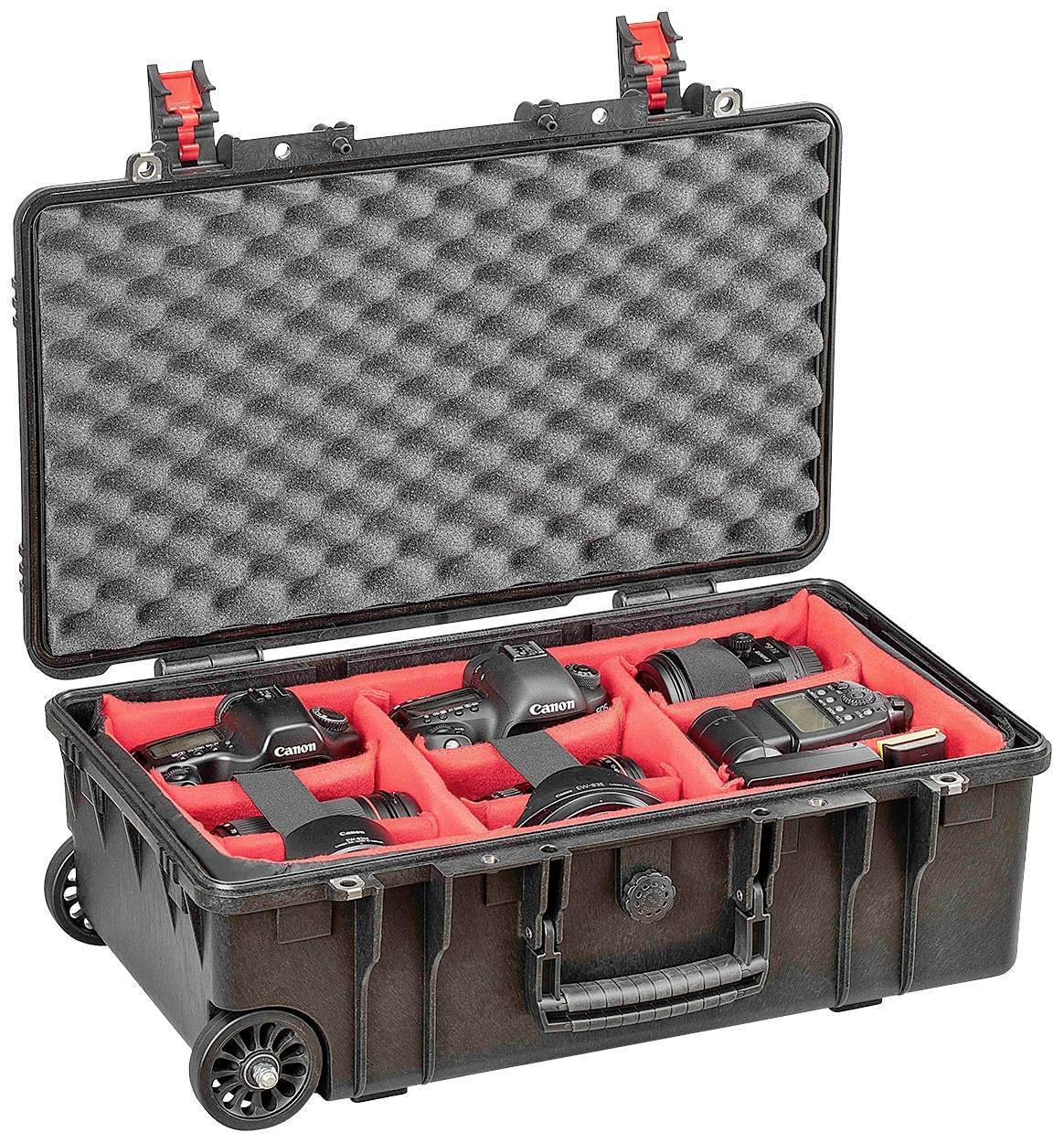 Open black hard-shell case with foam lining, with several cameras and lenses securely stored inside.