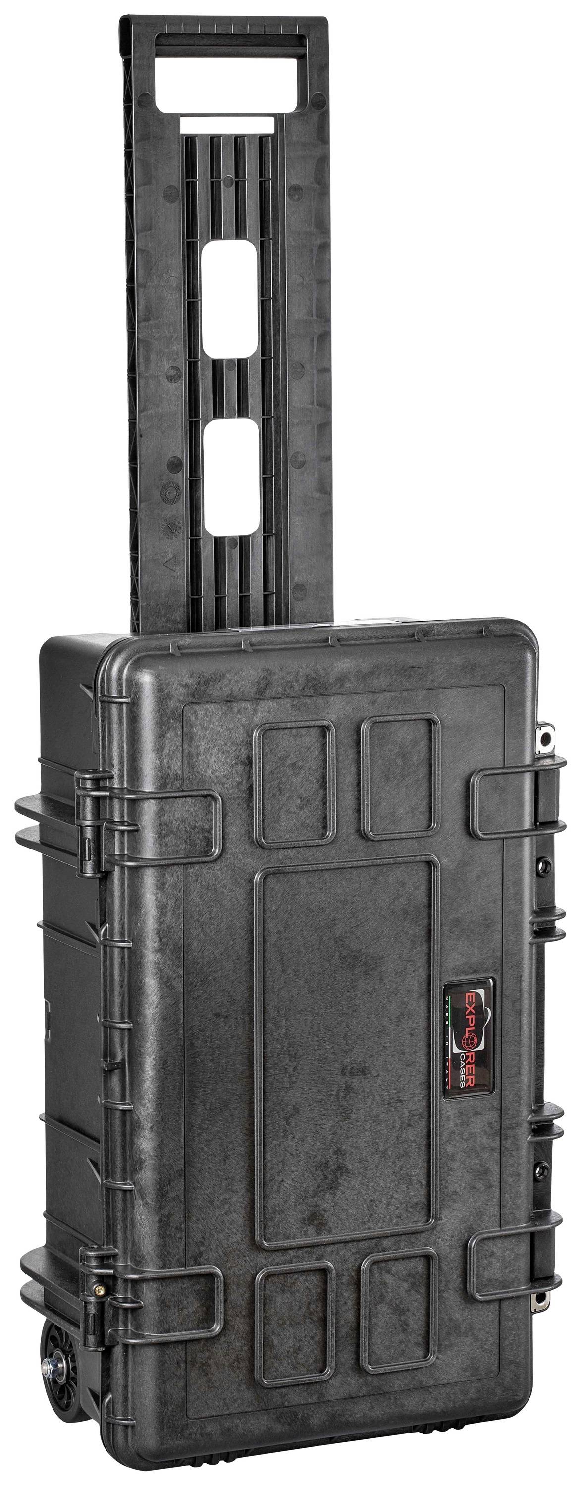 A black, rectangular wheeled suitcase with two wheels, standing upright. It has an extendable handle and side fastening clips.